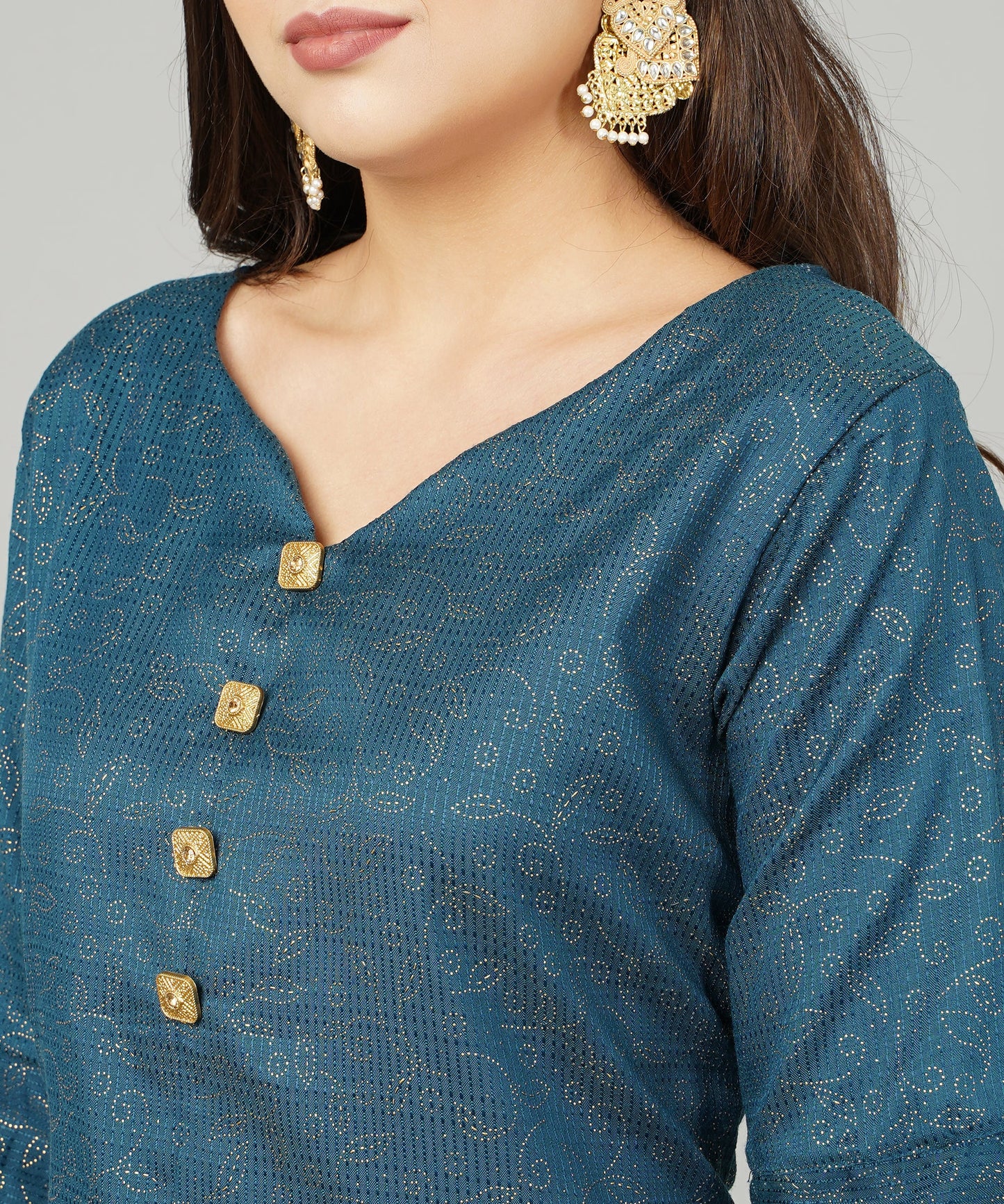 ANUSHIL Cotton Gold Print Sweatheart Neck Elbow Sleeves Straight Kurti for Women's, and Girl's (Blue)