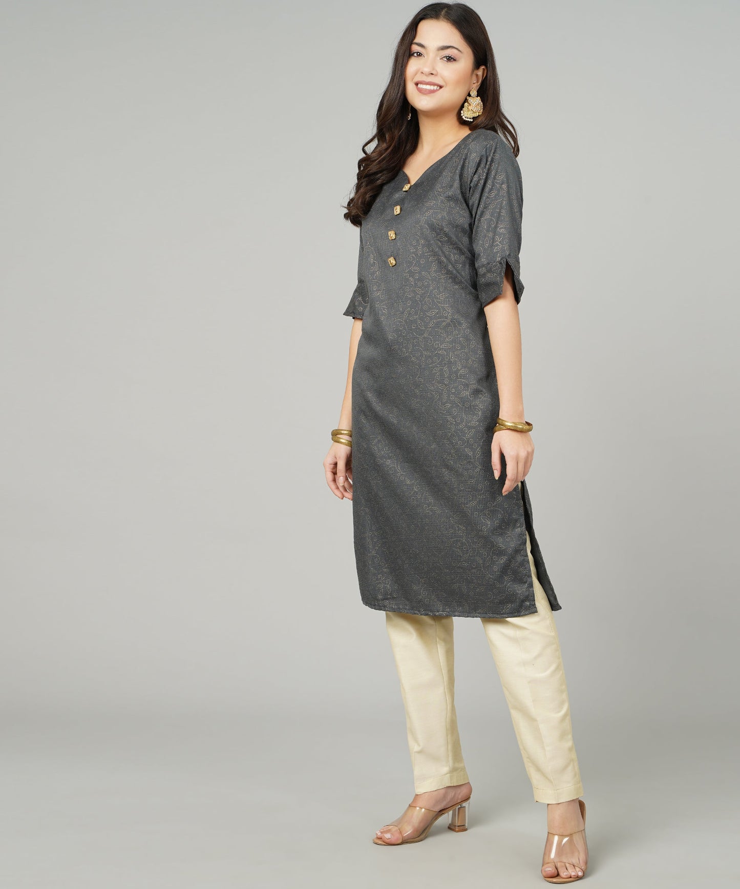 ANUSHIL Cotton Gold Print Sweatheart Neck Elbow Sleeves Straight Kurti for Women's, and Girl's (Grey)