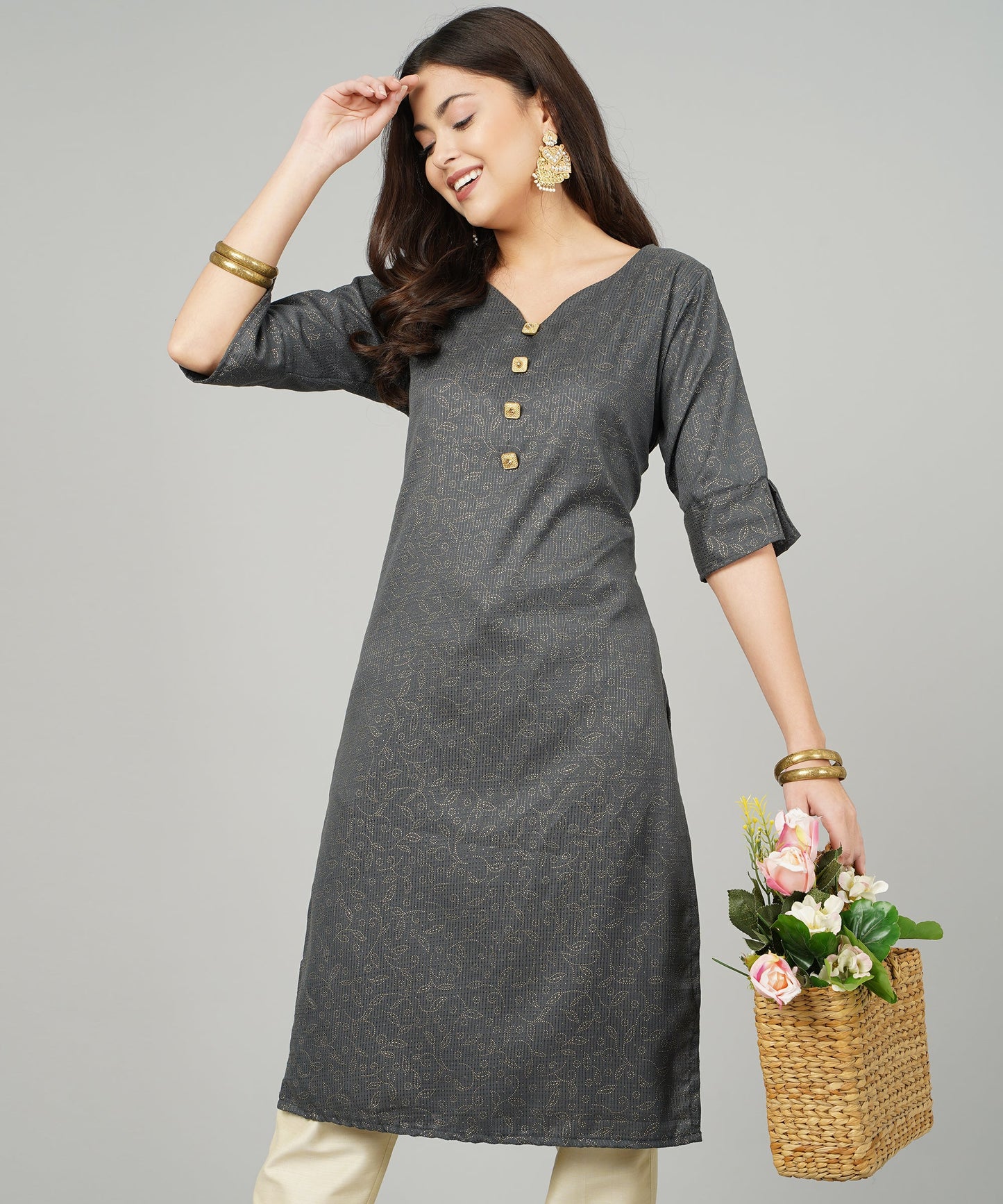 ANUSHIL Cotton Gold Print Sweatheart Neck Elbow Sleeves Straight Kurti for Women's, and Girl's (Grey)