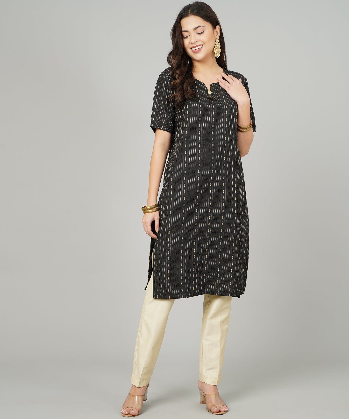 Cotton Dobby Woven Design V- Neck Elbow Sleeves Knee Length Kurta for Women's(Colour-Black)