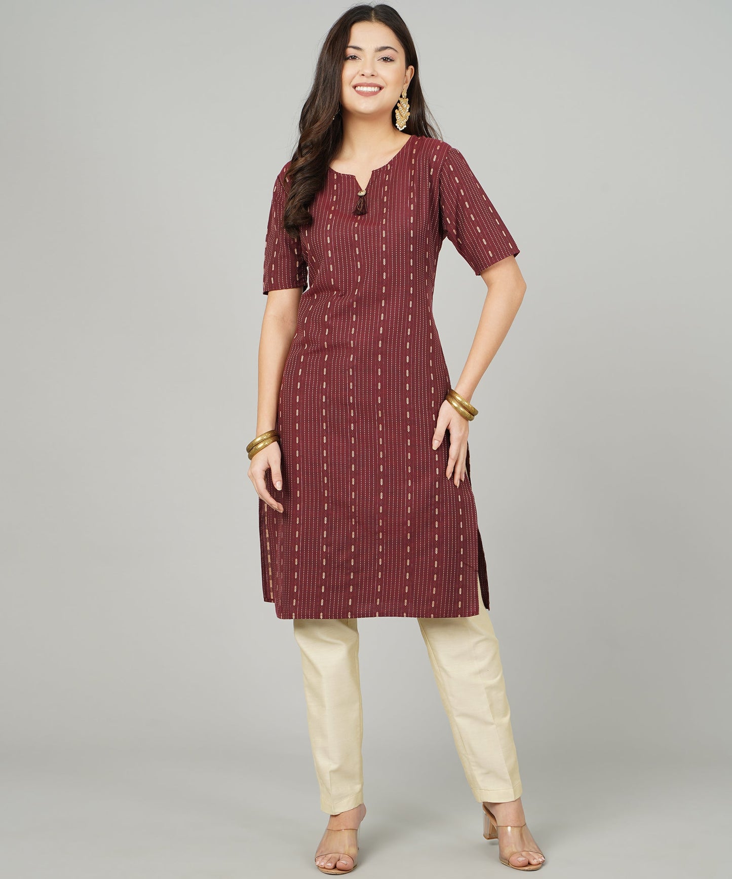 Cotton Dobby Woven Design V- Neck Elbow Sleeves Knee Length Kurta for Women's(Colour-Maroon)