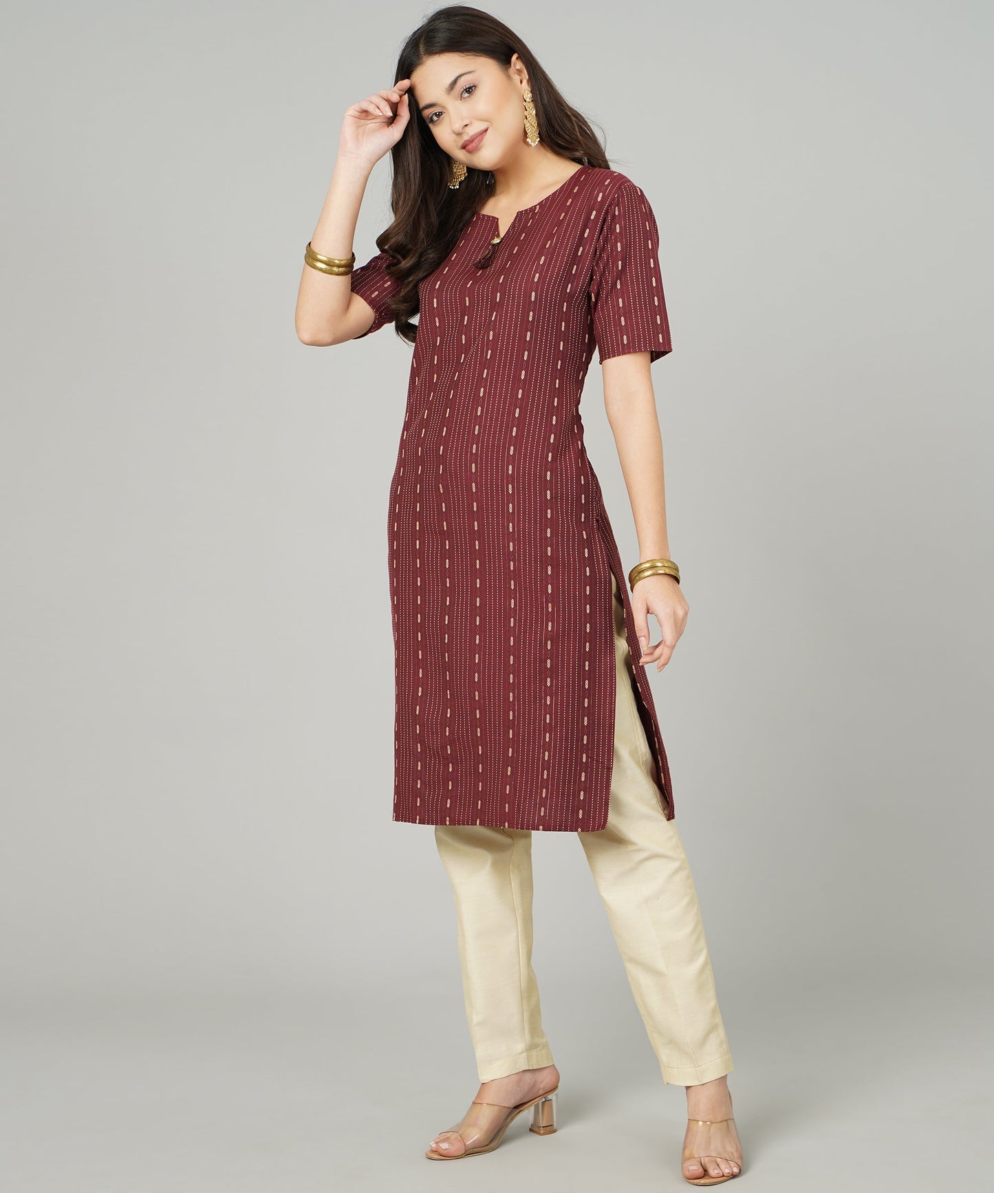 Cotton Dobby Woven Design V- Neck Elbow Sleeves Knee Length Kurta for Women's(Colour-Maroon)