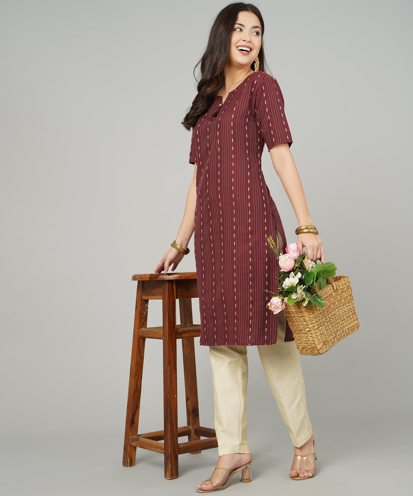Cotton Dobby Woven Design V- Neck Elbow Sleeves Knee Length Kurta for Women's(Colour-Maroon)