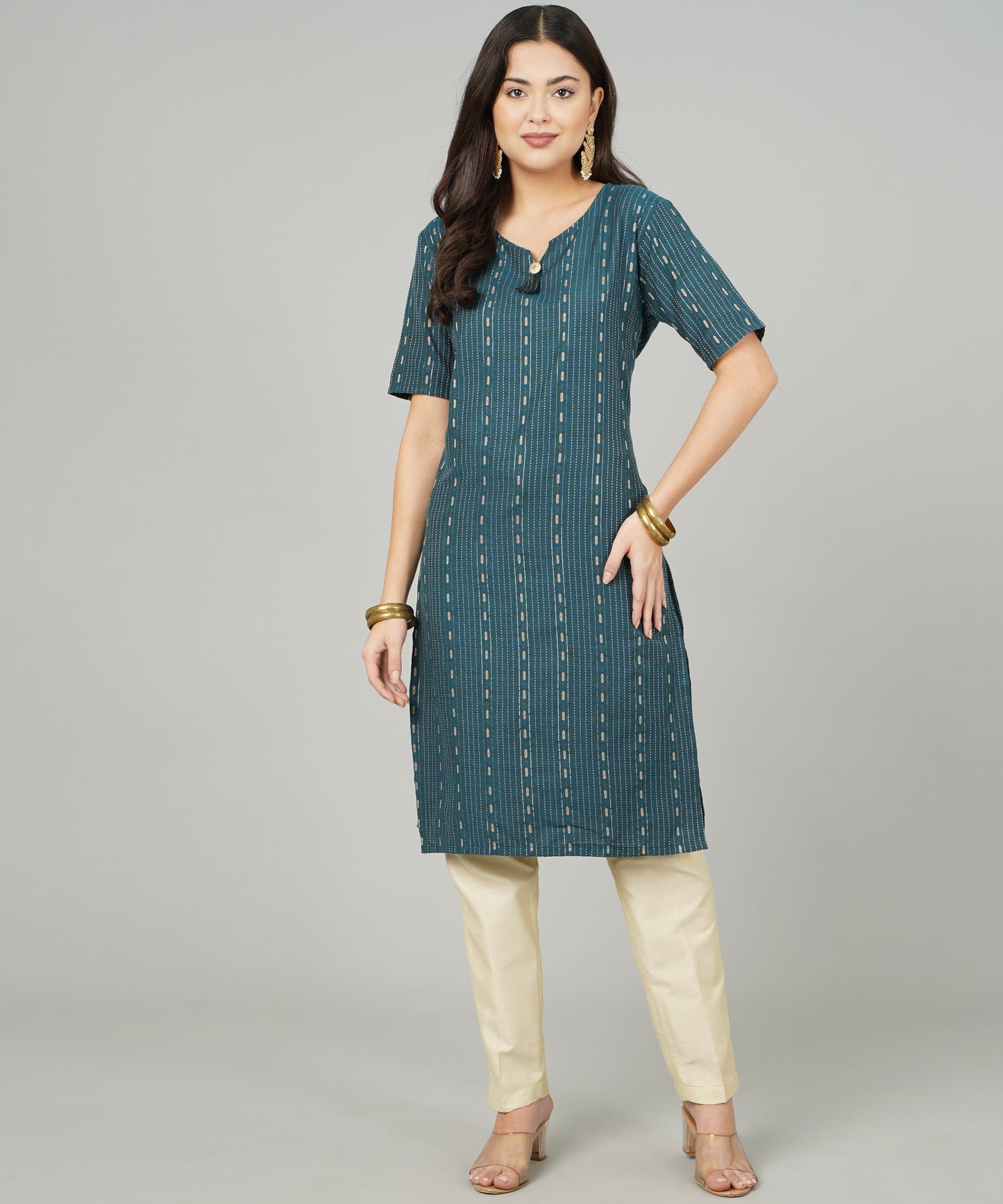 Cotton Dobby Woven Design V- Neck Elbow Sleeves Knee Length Kurta for Women's(Colour-Blue)