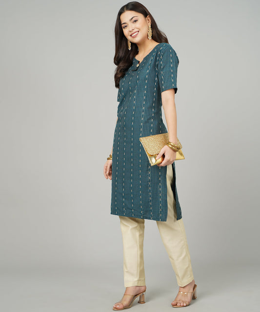 Cotton Dobby Woven Design V- Neck Elbow Sleeves Knee Length Kurta for Women's(Colour-Blue)
