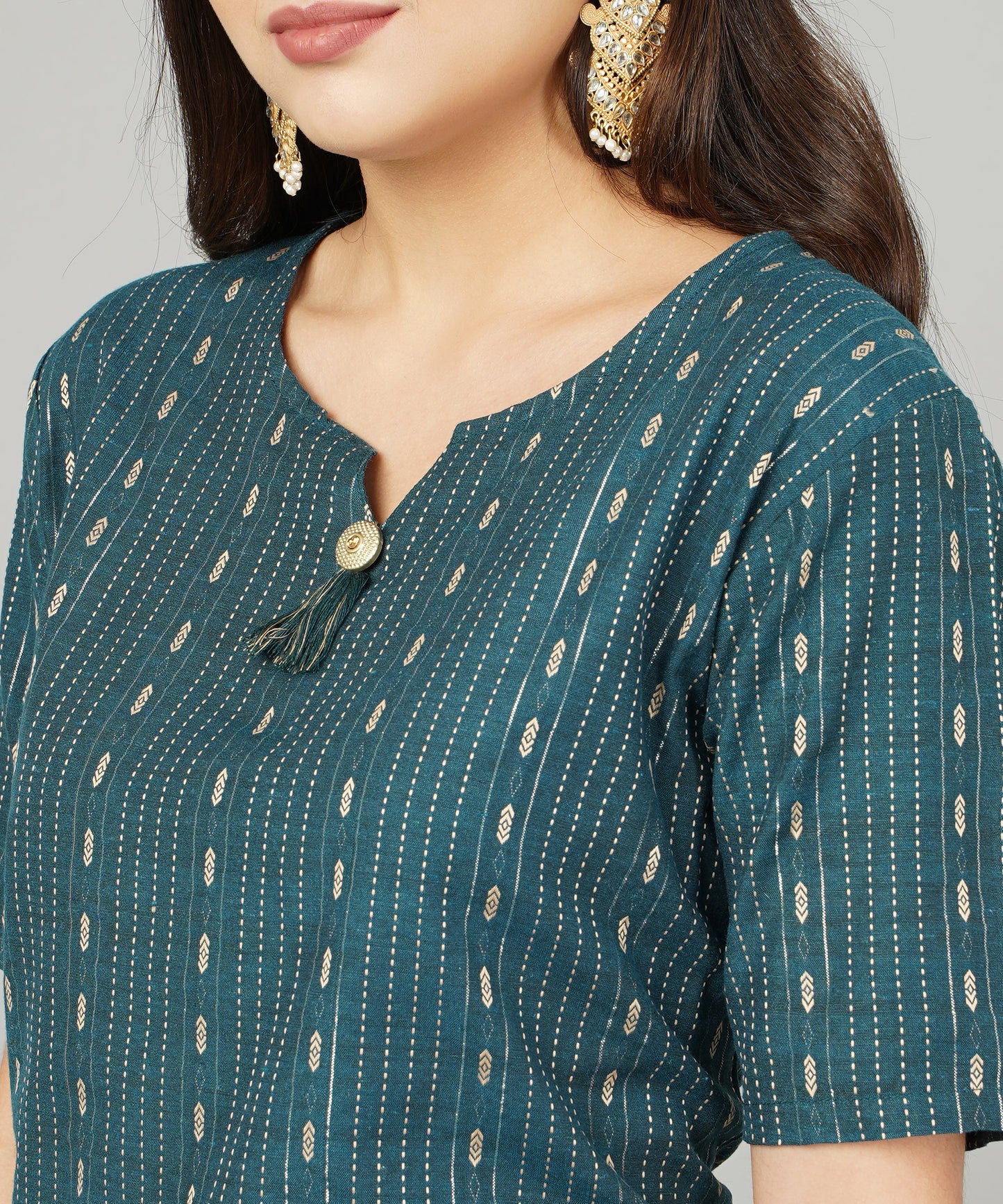 Cotton Dobby Woven Design V- Neck Elbow Sleeves Knee Length Kurta for Women's(Colour-Blue)