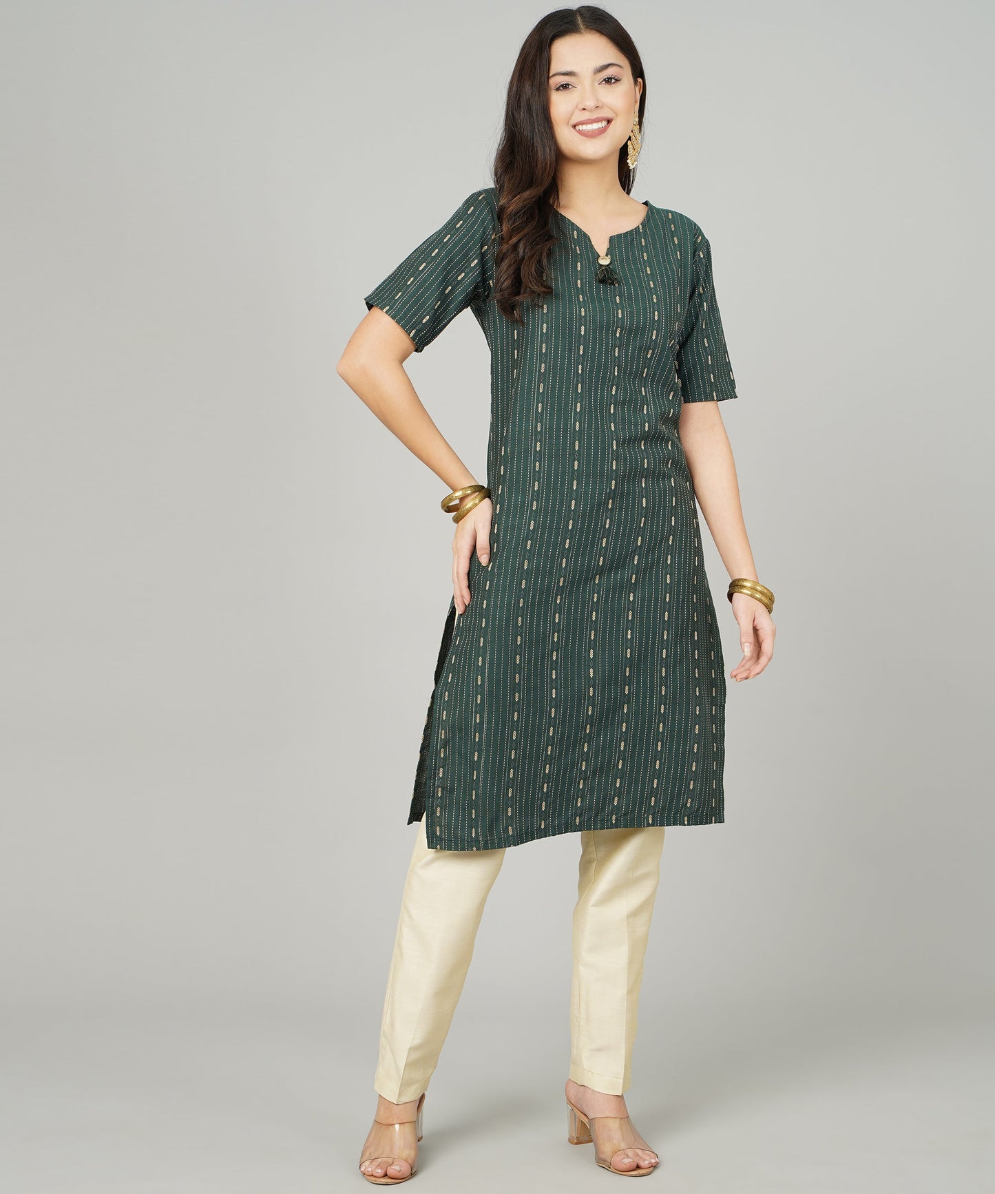 Cotton Dobby Woven Design V- Neck Elbow Sleeves Knee Length Kurta for Women's(Colour-Green)