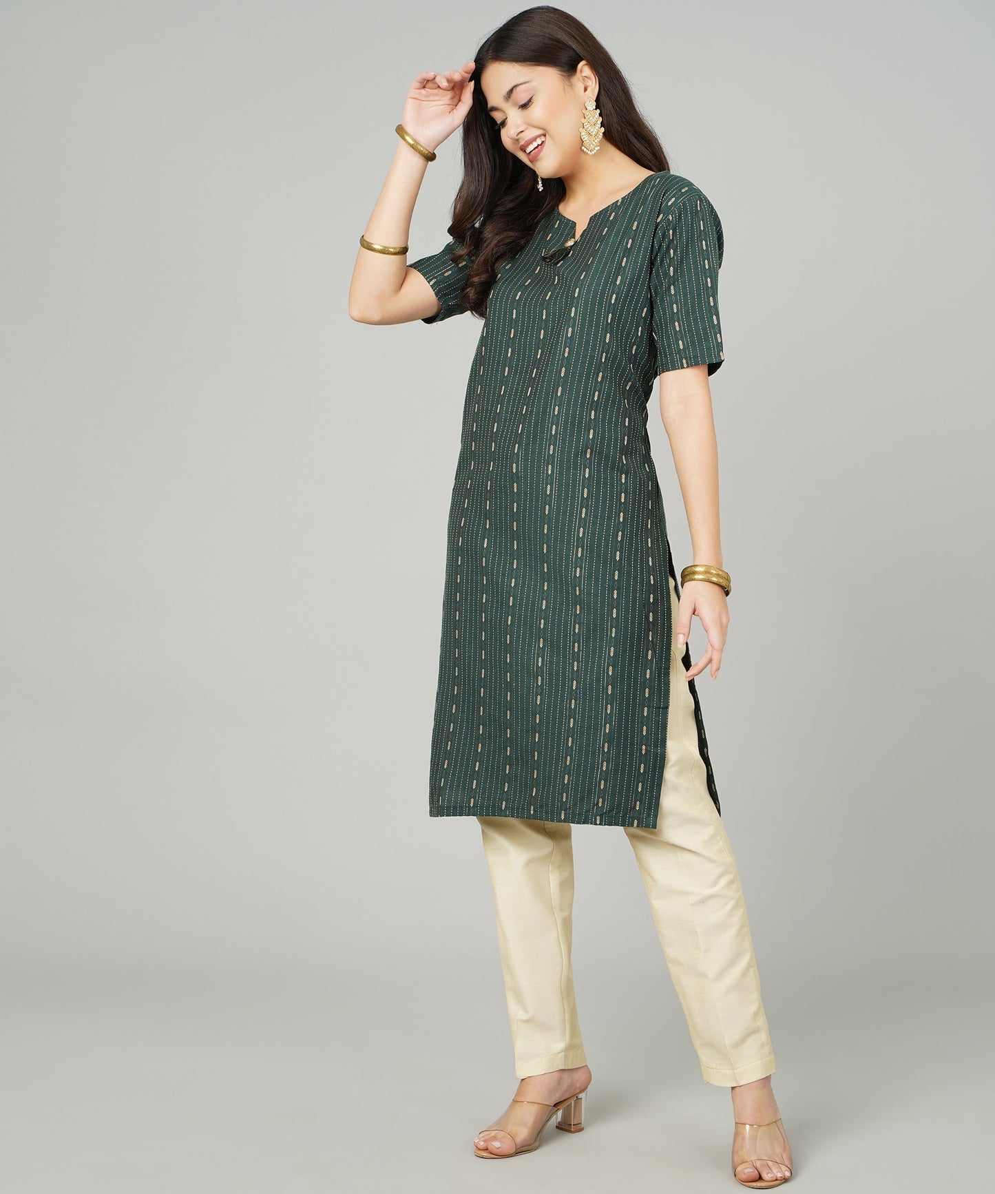 Cotton Dobby Woven Design V- Neck Elbow Sleeves Knee Length Kurta for Women's(Colour-Green)