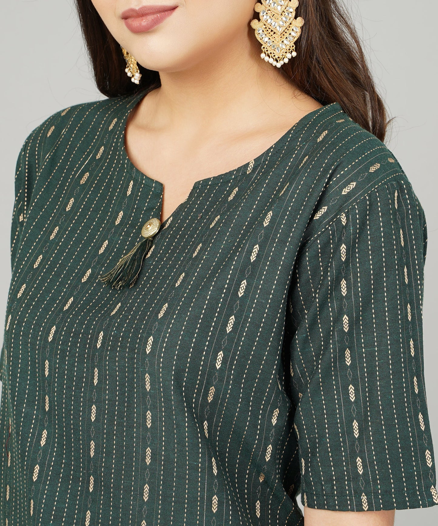 Cotton Dobby Woven Design V- Neck Elbow Sleeves Knee Length Kurta for Women's(Colour-Green)