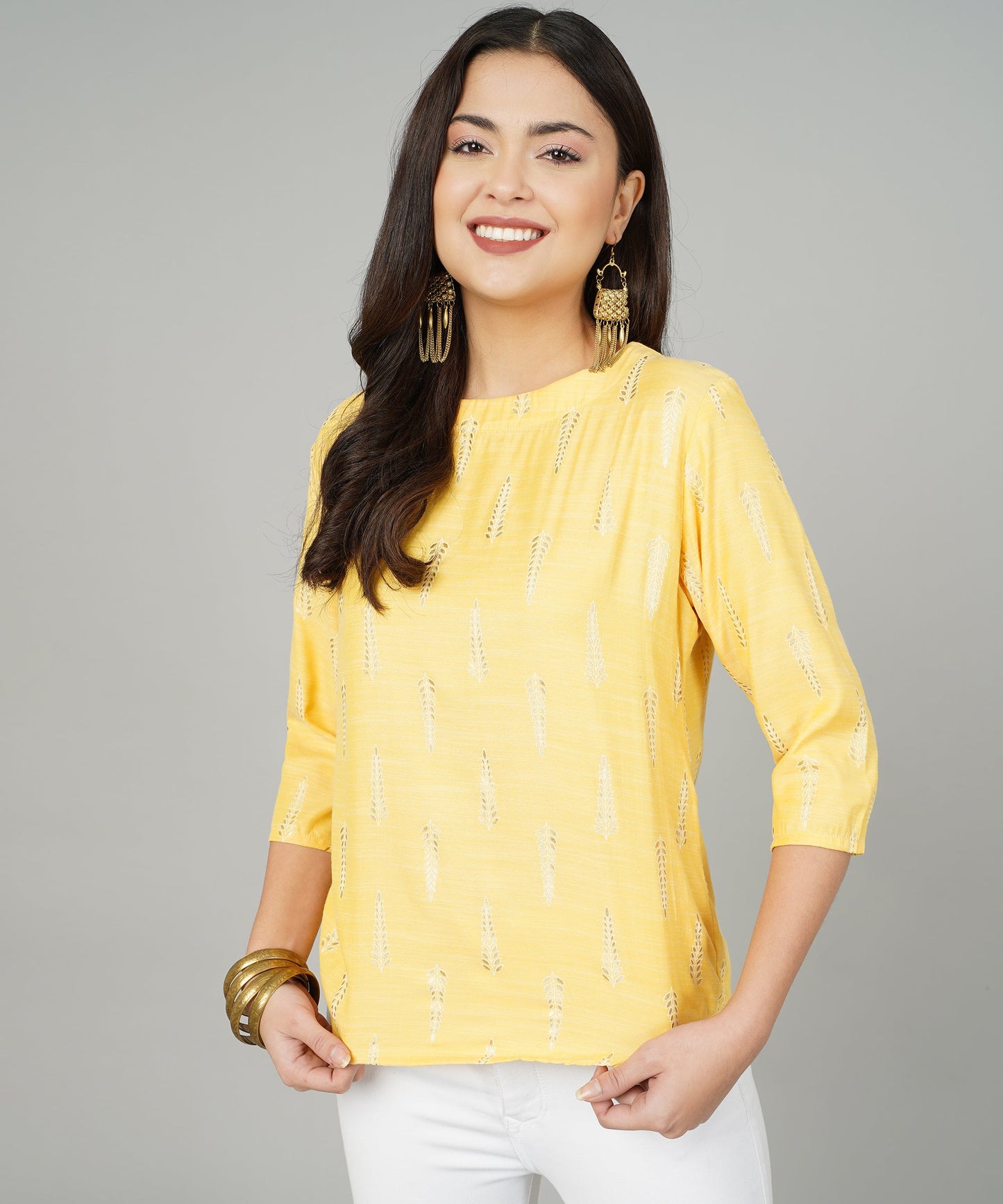 Foil Printed Short Cotton Kurti/Cotton Top for Women/Girls ,Yellow