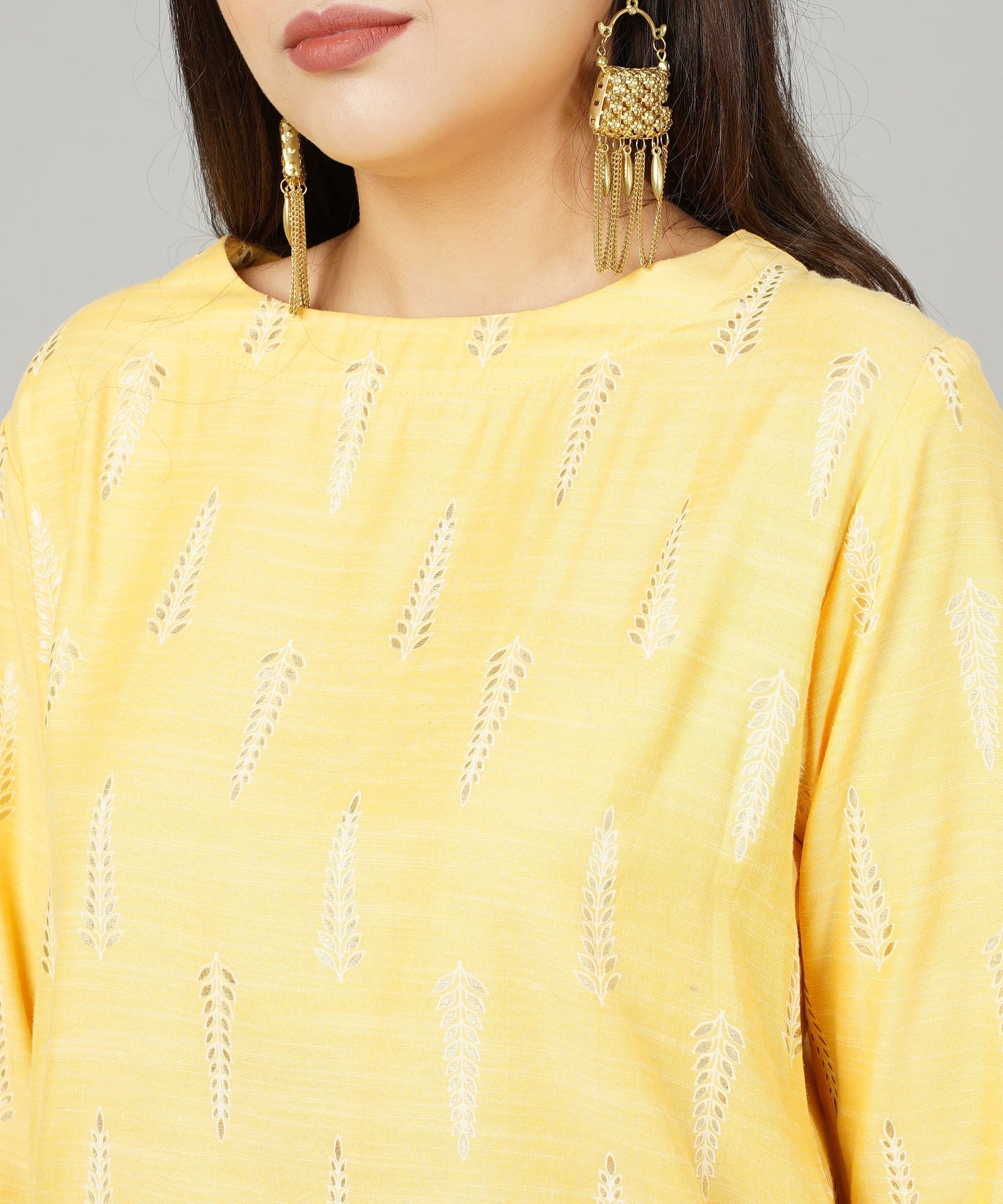Foil Printed Short Cotton Kurti/Cotton Top for Women/Girls ,Yellow