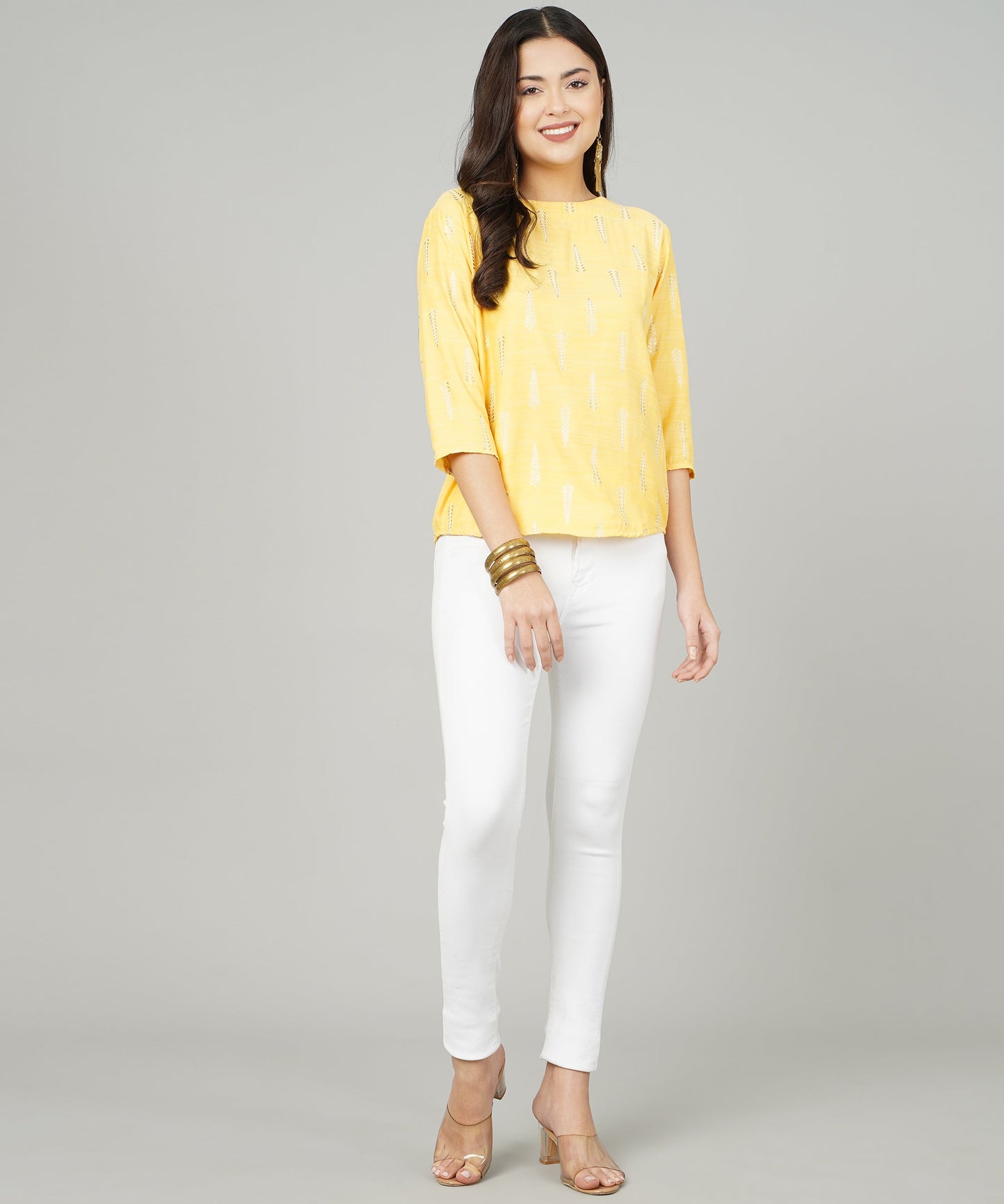 Foil Printed Short Cotton Kurti/Cotton Top for Women/Girls ,Yellow