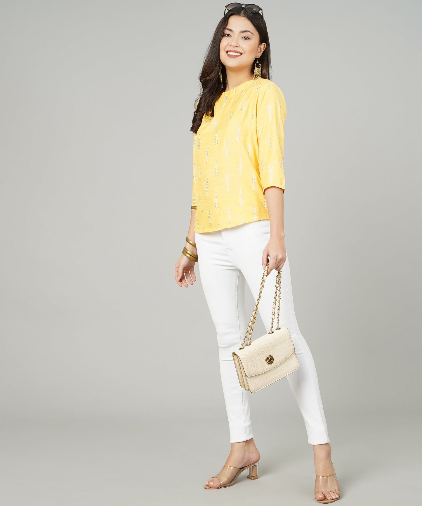 Foil Printed Short Cotton Kurti/Cotton Top for Women/Girls ,Yellow