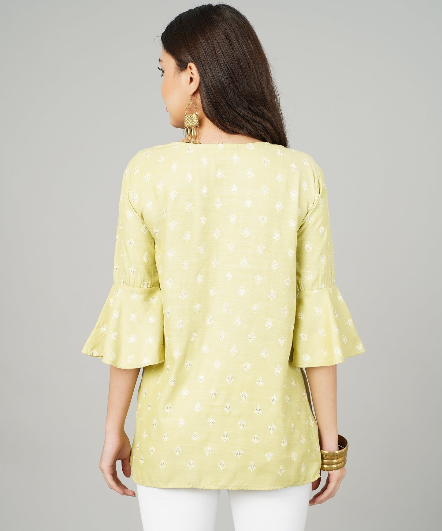 Foil Printed Pleated Cotton Kurti/Top for Girls/Women,Green