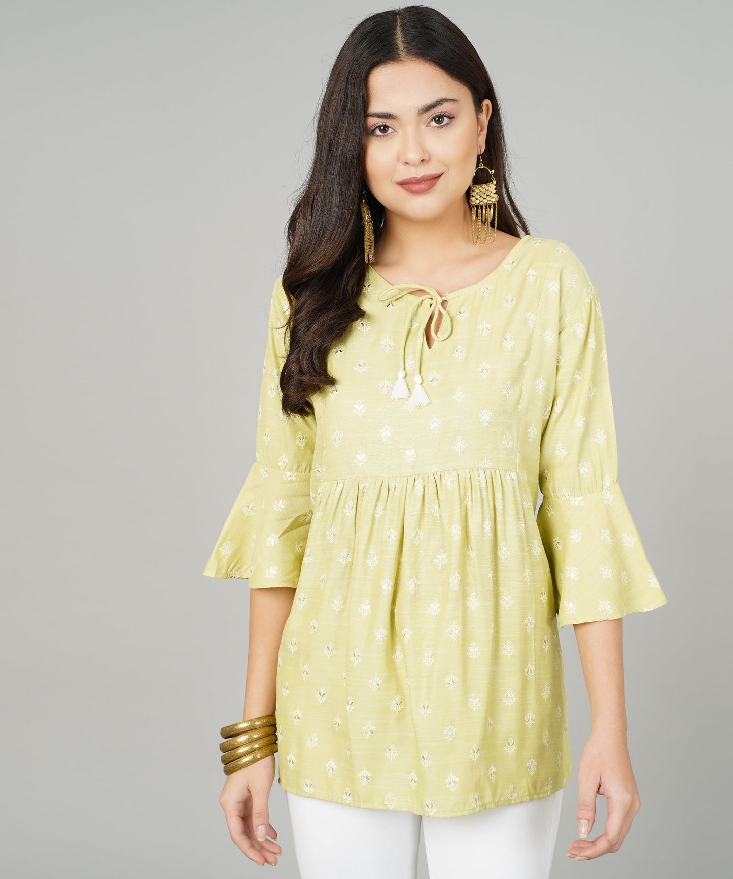 Foil Printed Pleated Cotton Kurti/Top for Girls/Women,Green