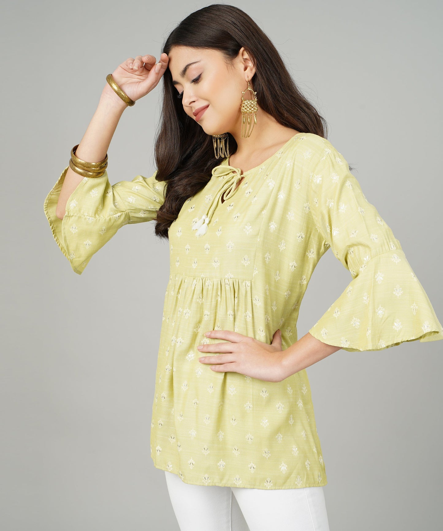 Foil Printed Pleated Cotton Kurti/Top for Girls/Women,Green