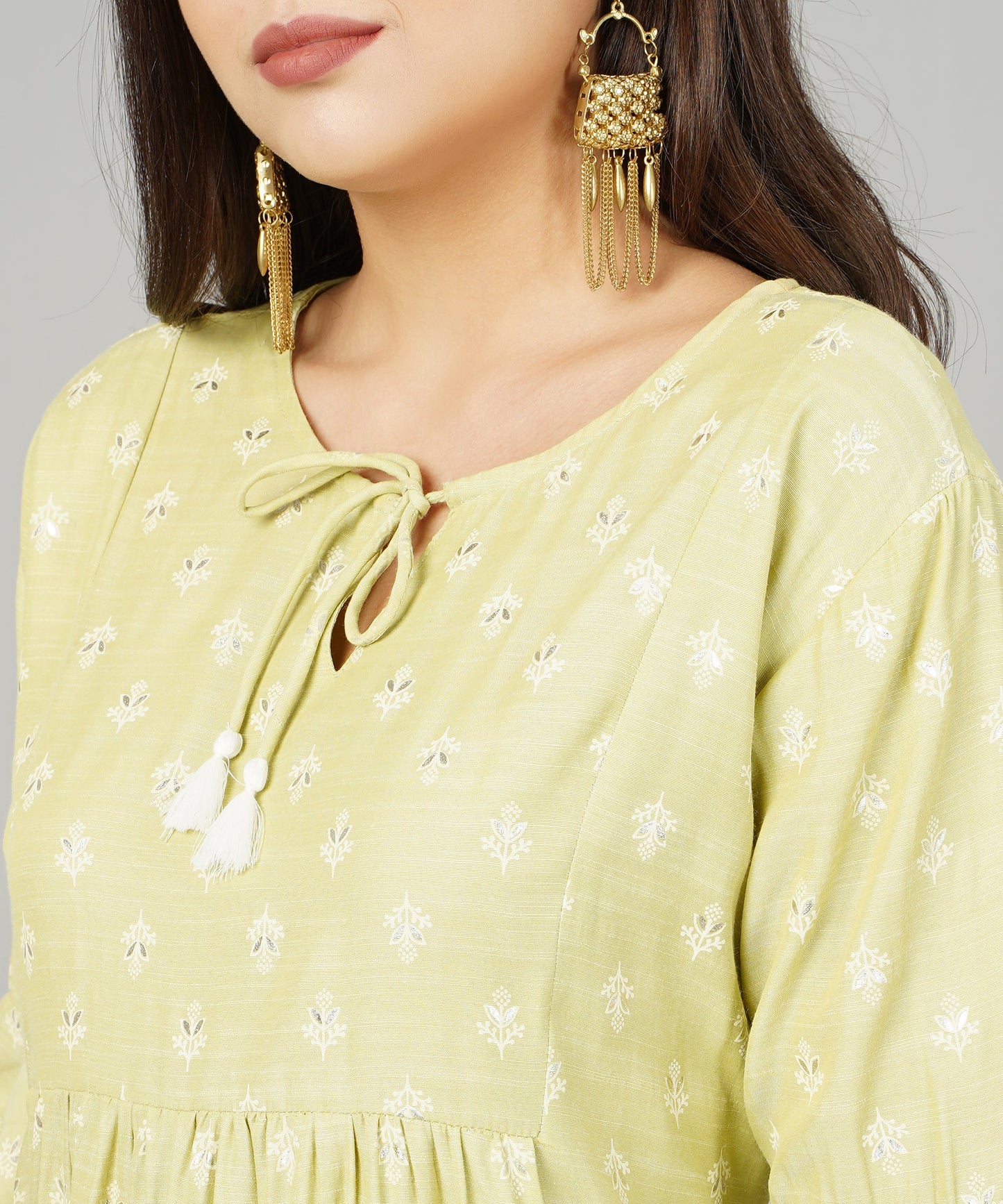 Foil Printed Pleated Cotton Kurti/Top for Girls/Women,Green