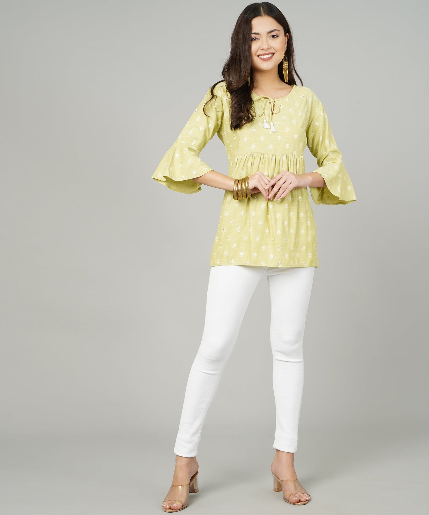 Foil Printed Pleated Cotton Kurti/Top for Girls/Women,Green