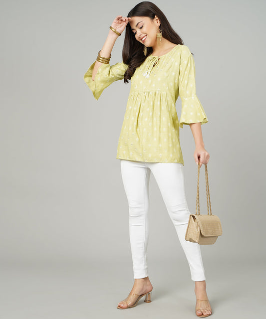 Foil Printed Pleated Cotton Kurti/Top for Girls/Women,Green