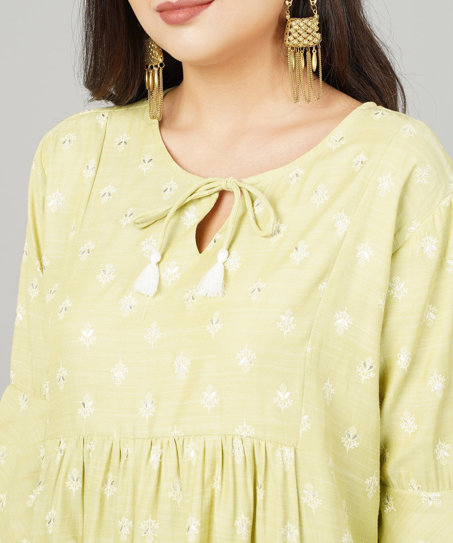 Foil Printed Pleated Cotton Kurti/Top for Girls/Women,Green