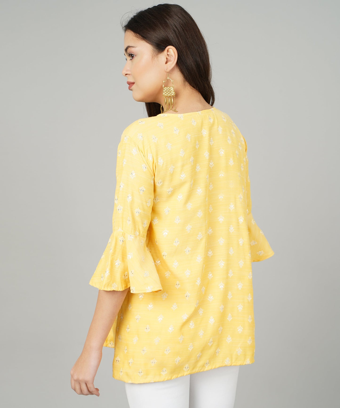 Foil Printed Pleated Cotton Kurti/Top for Girls/Women,Yellow