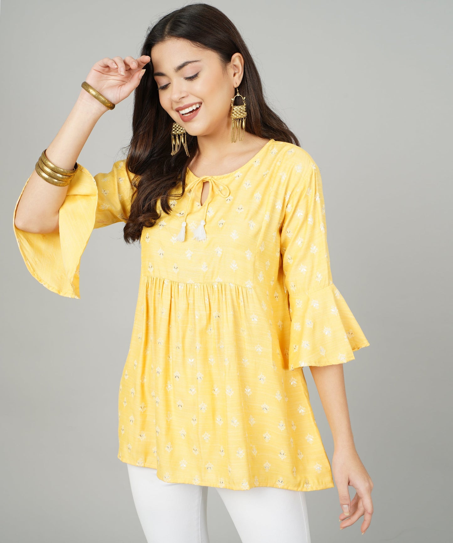 Foil Printed Pleated Cotton Kurti/Top for Girls/Women,Yellow