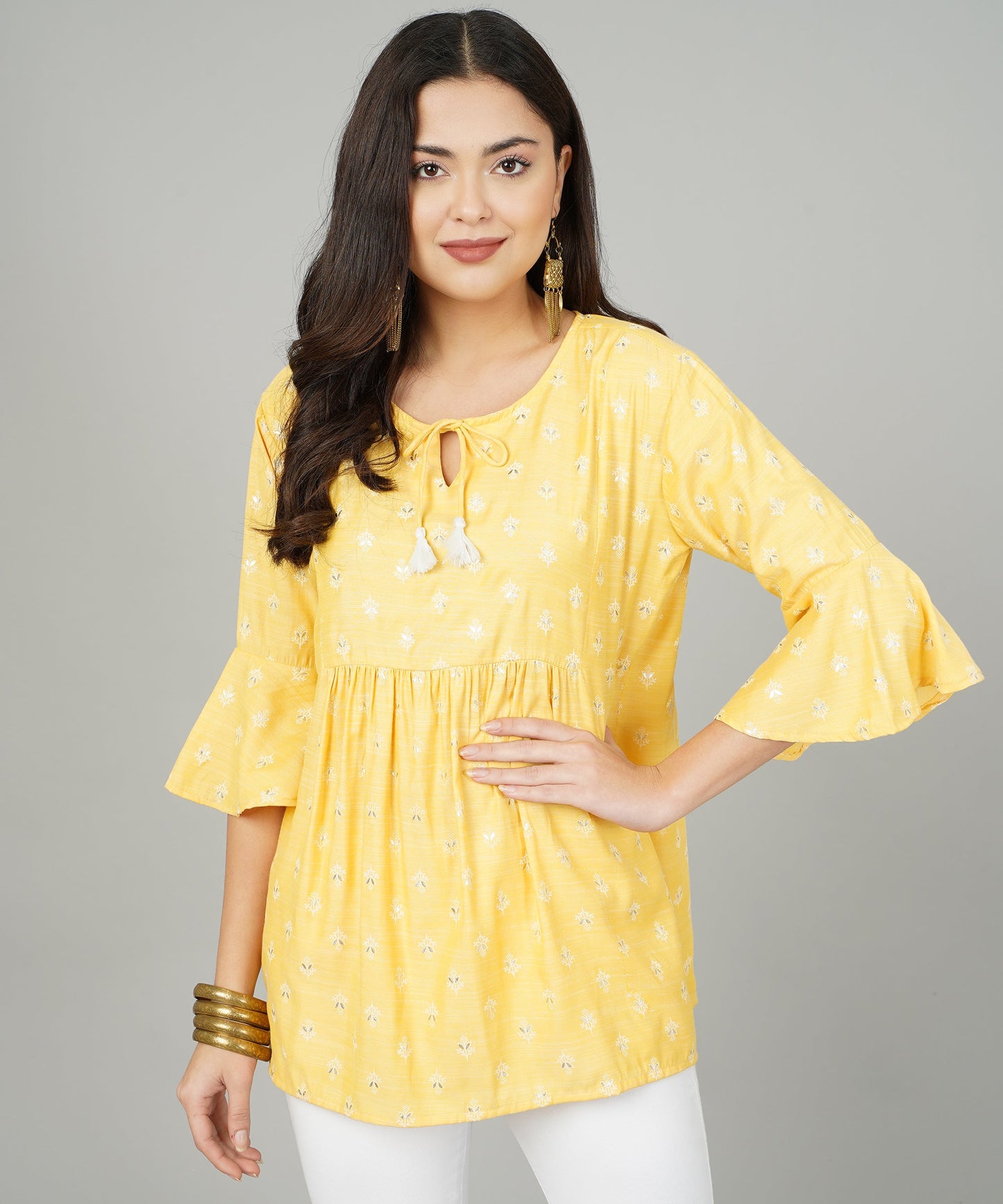 Foil Printed Pleated Cotton Kurti/Top for Girls/Women,Yellow