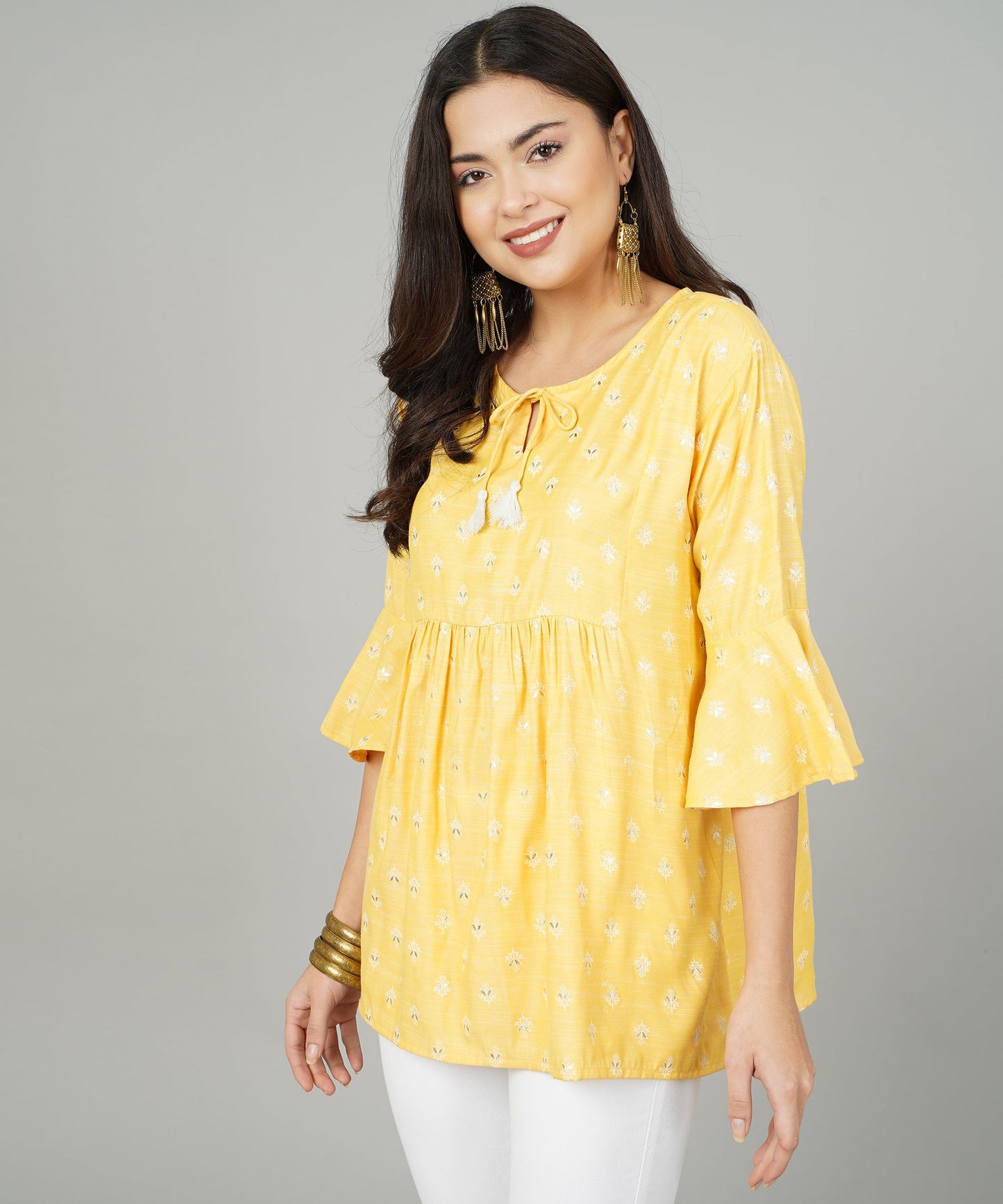 Foil Printed Pleated Cotton Kurti/Top for Girls/Women,Yellow