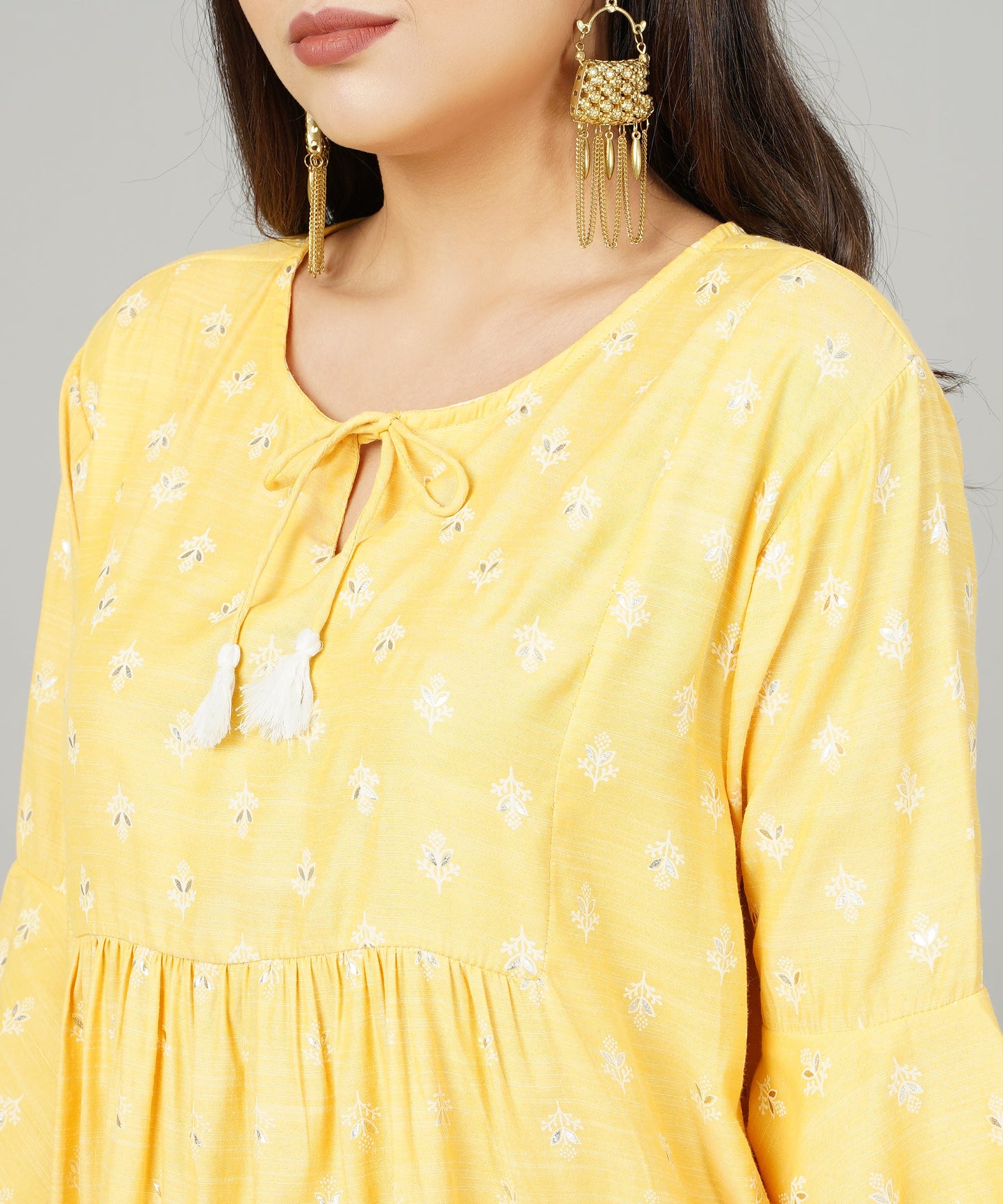 Foil Printed Pleated Cotton Kurti/Top for Girls/Women,Yellow