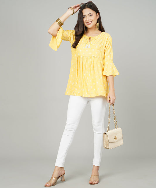 Foil Printed Pleated Cotton Kurti/Top for Girls/Women,Yellow