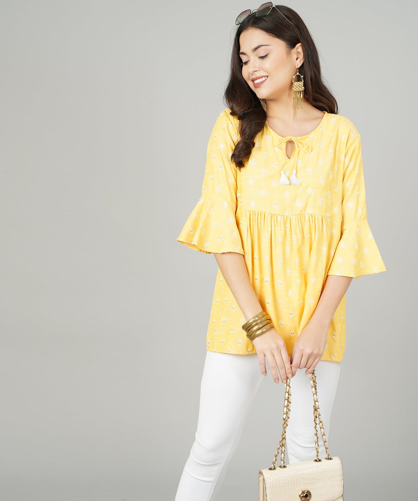 Foil Printed Pleated Cotton Kurti/Top for Girls/Women,Yellow