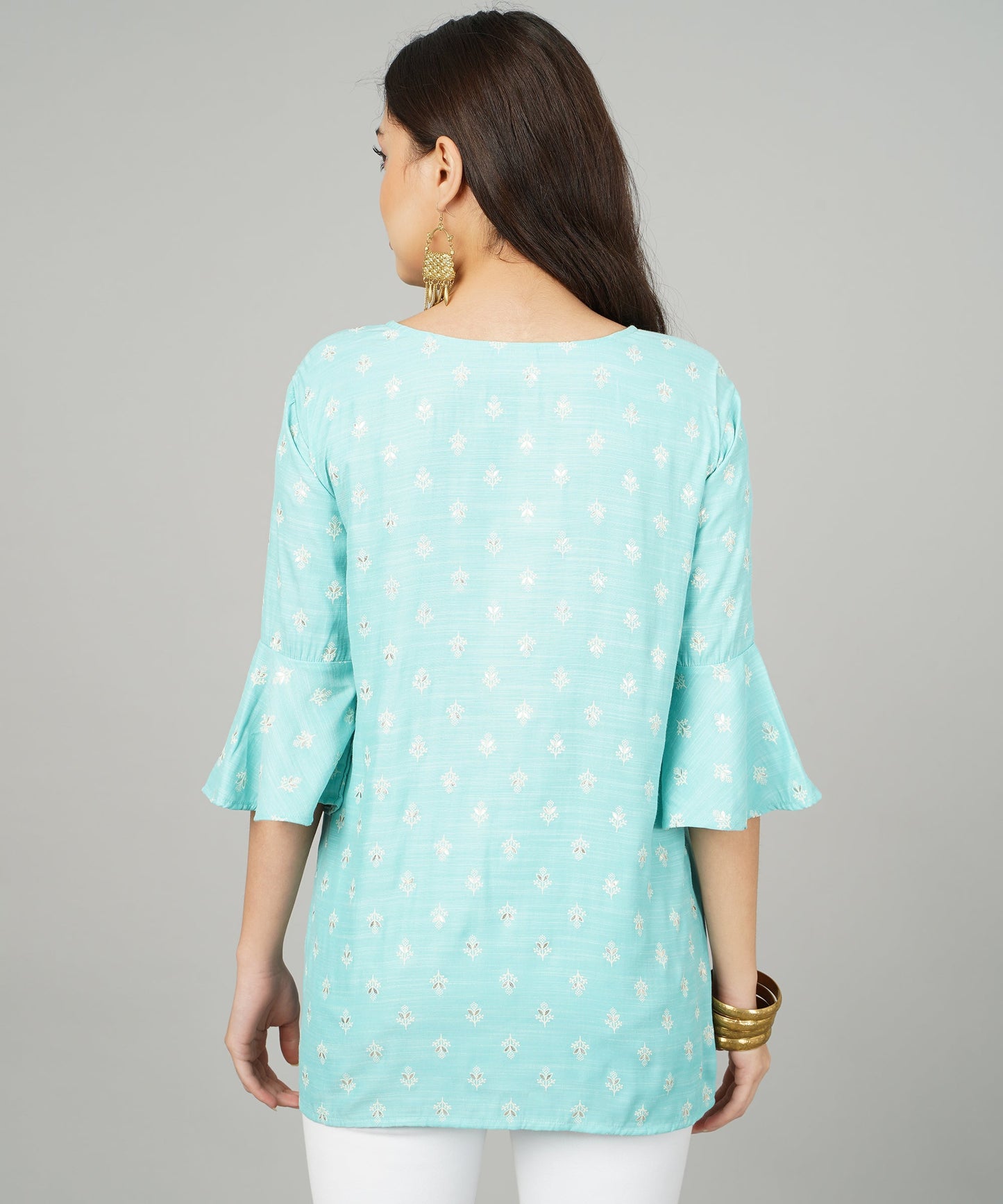 Foil Printed Pleated Cotton Kurti/Top for Girls/Women,Blue