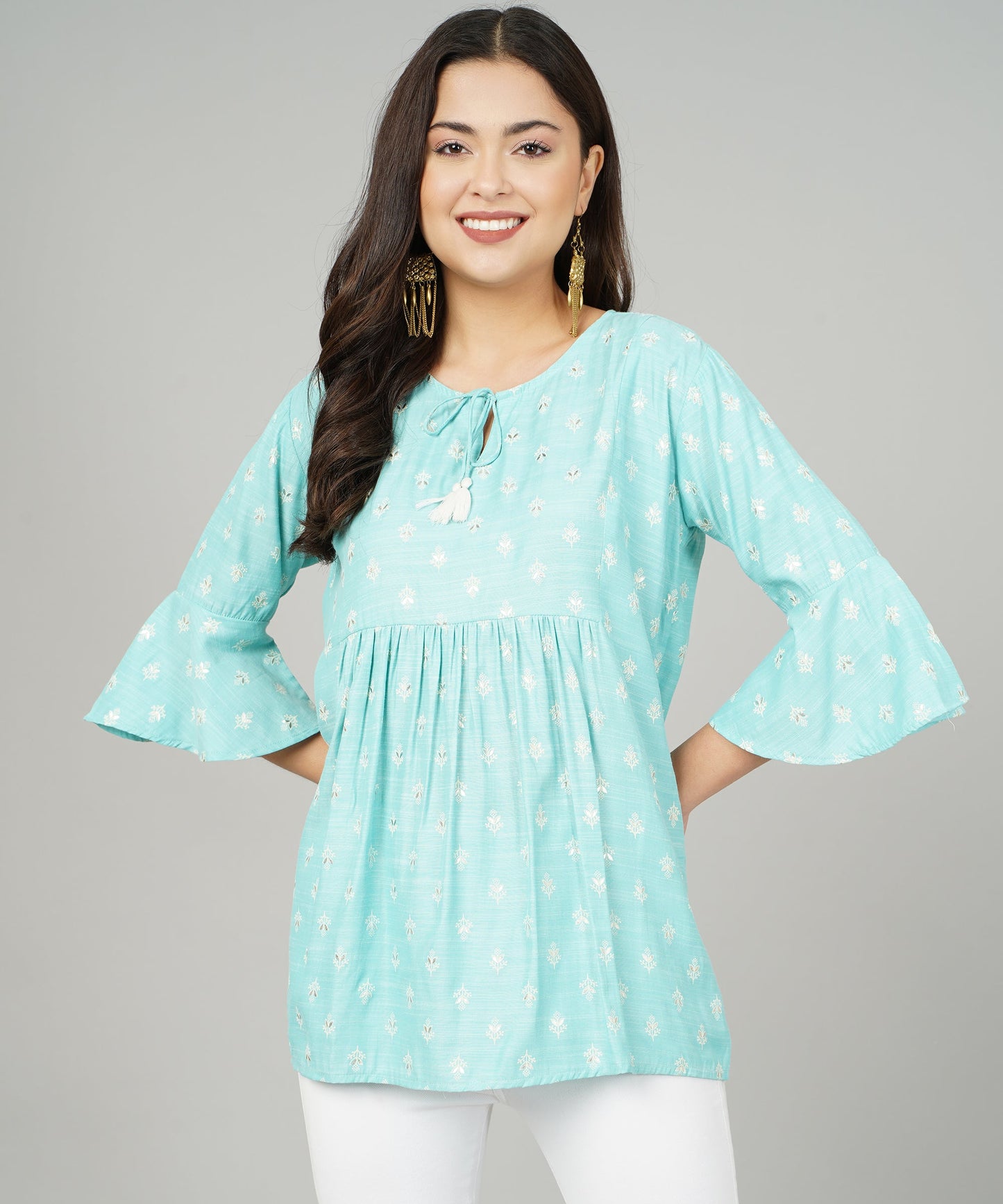 Foil Printed Pleated Cotton Kurti/Top for Girls/Women,Blue