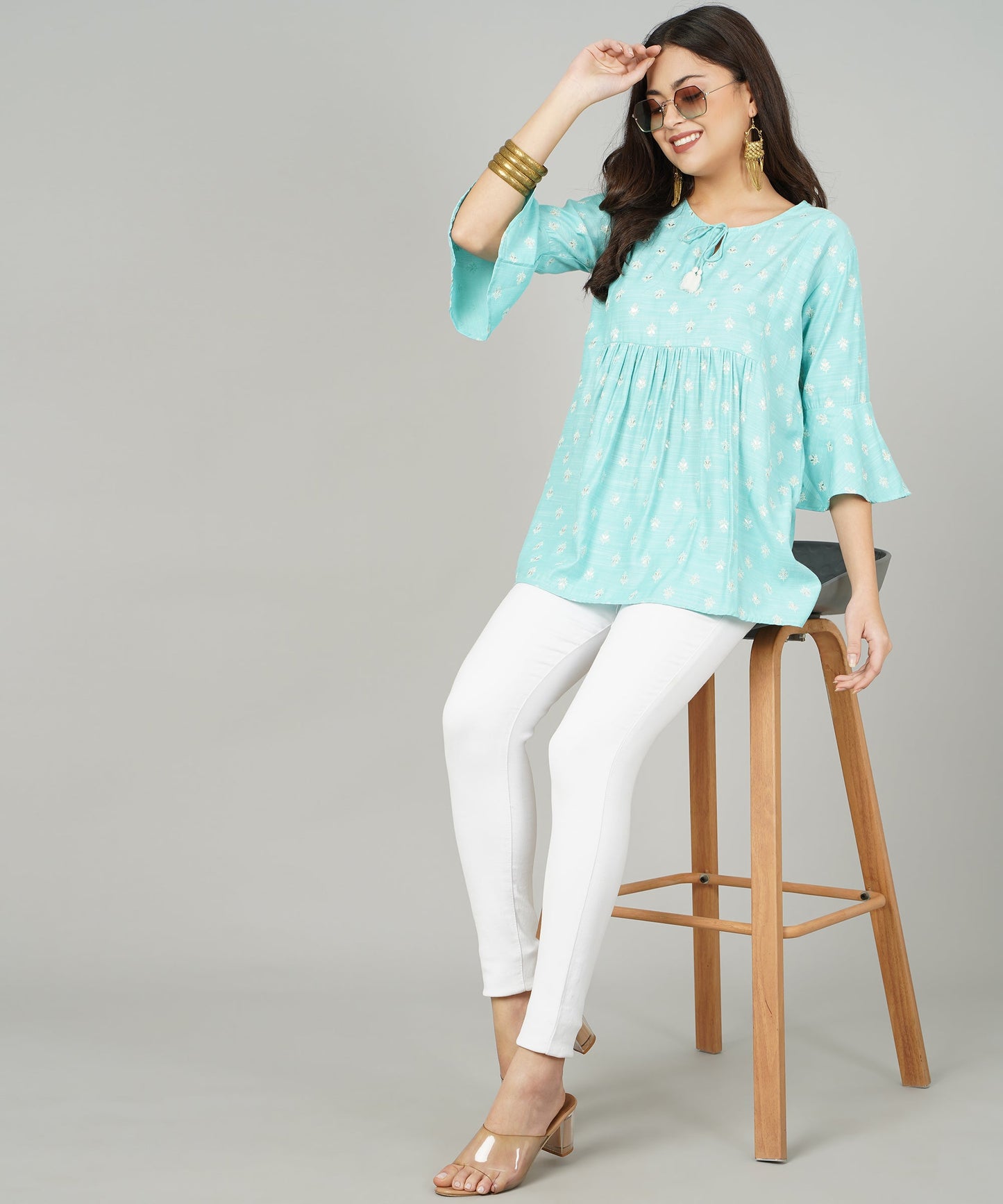 Foil Printed Pleated Cotton Kurti/Top for Girls/Women,Blue