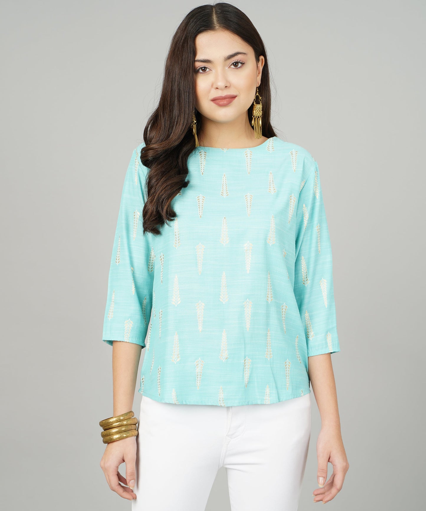 Foil Printed Short Cotton Kurti/Cotton Top for Women/Girls ,Blue