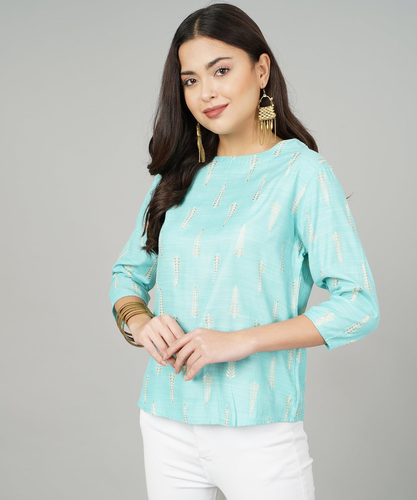 Foil Printed Short Cotton Kurti/Cotton Top for Women/Girls ,Blue