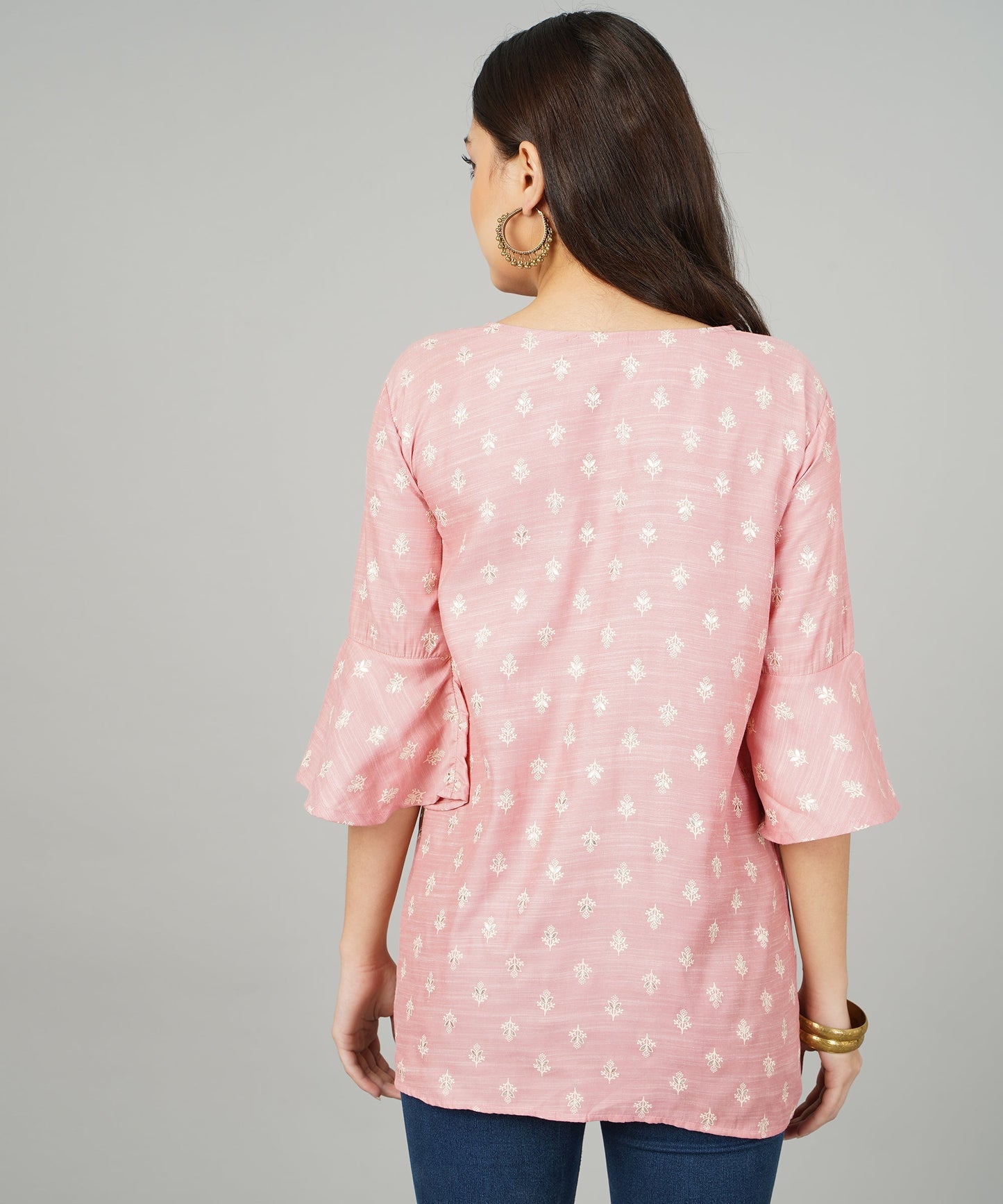 Foil Printed Pleated Cotton Kurti/Top for Girls/Women,Pink