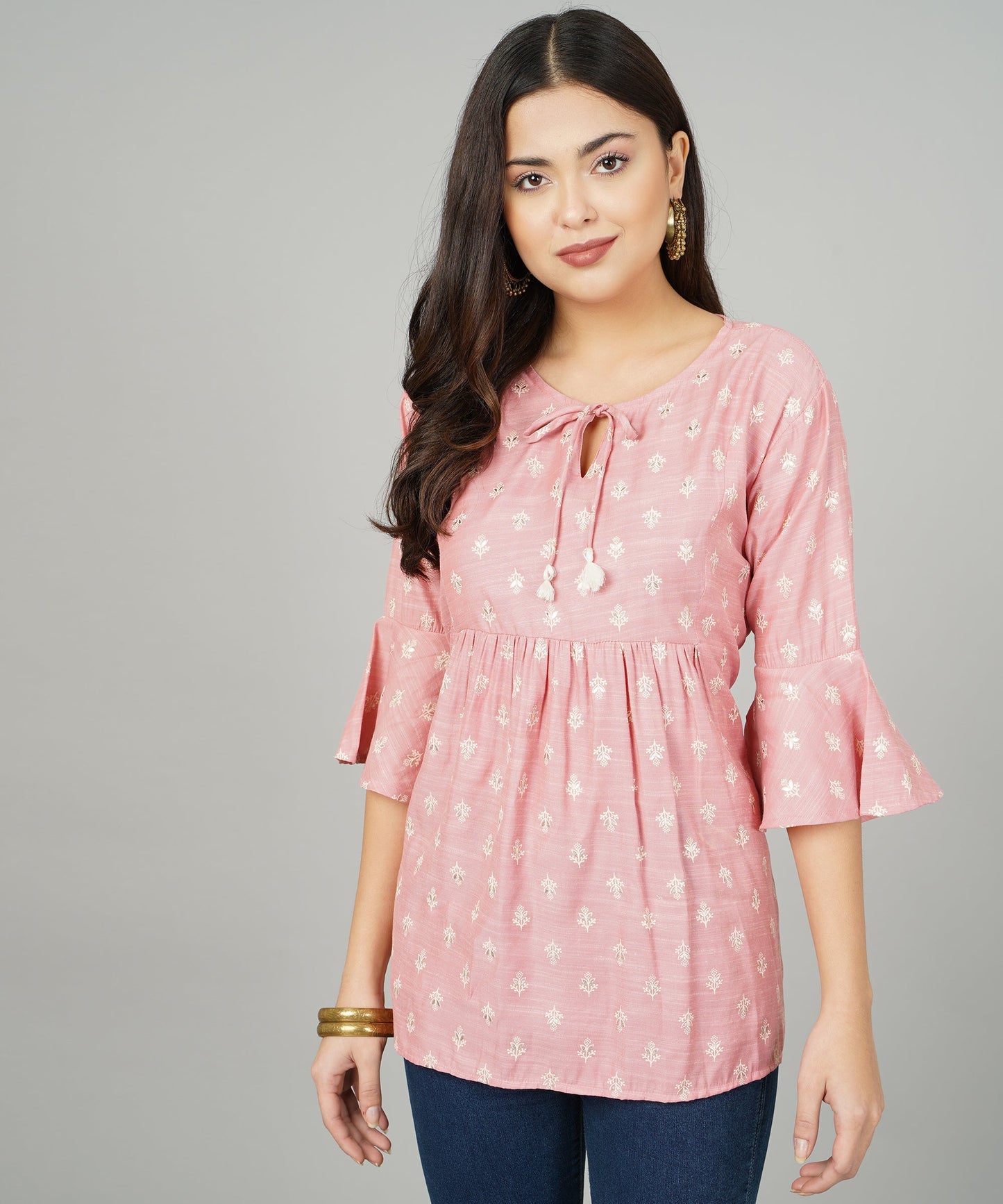 Foil Printed Pleated Cotton Kurti/Top for Girls/Women,Pink