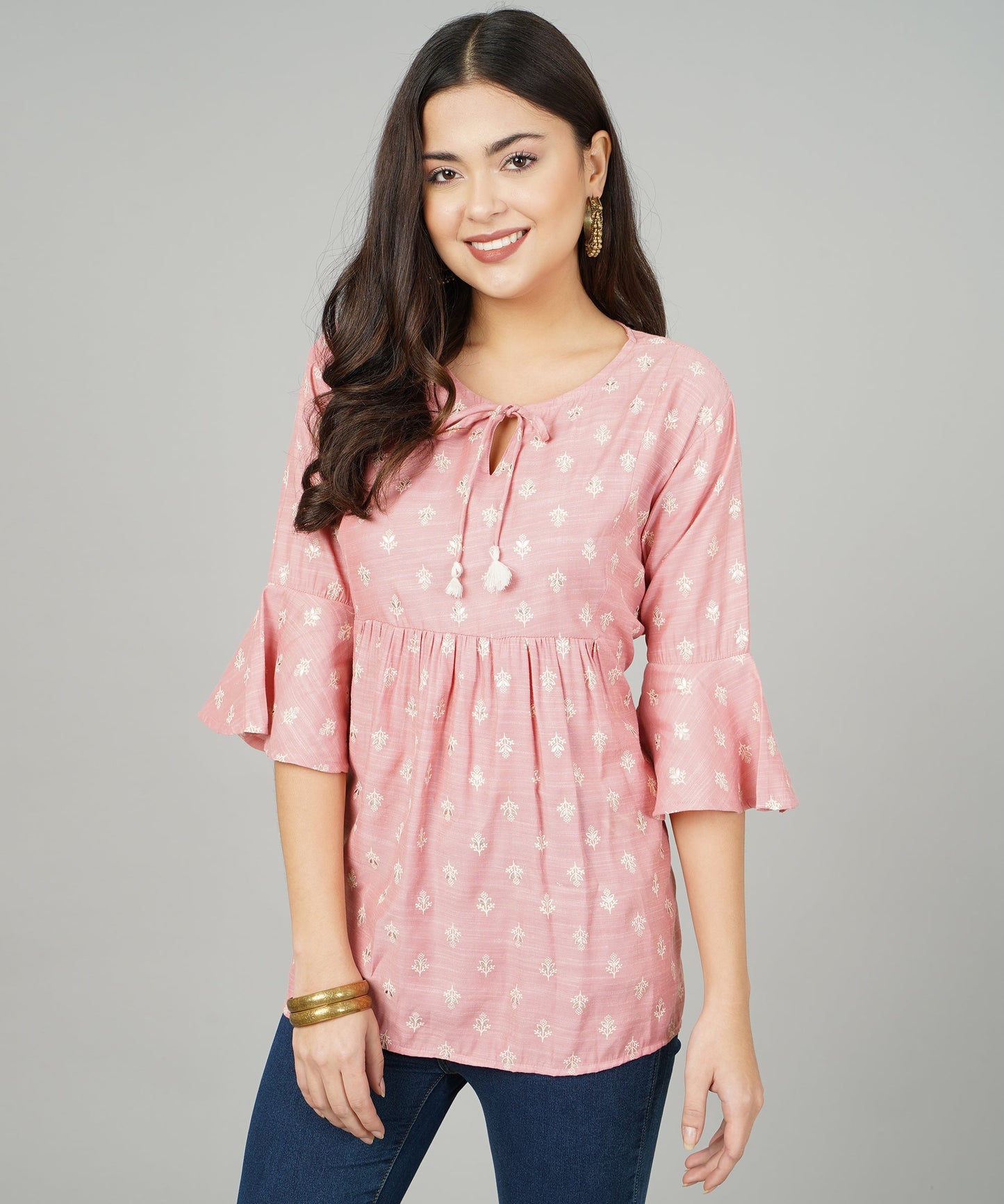 Foil Printed Pleated Cotton Kurti/Top for Girls/Women,Pink