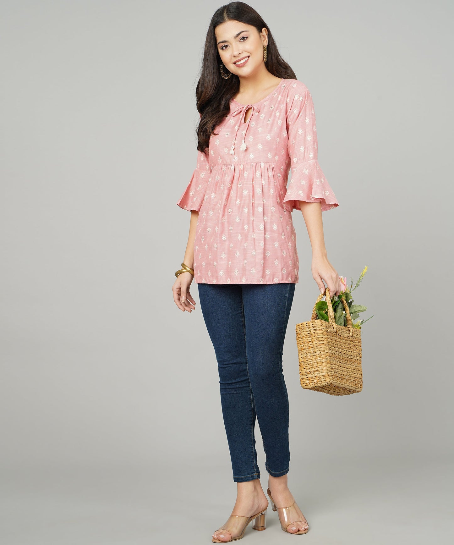 Foil Printed Pleated Cotton Kurti/Top for Girls/Women,Pink