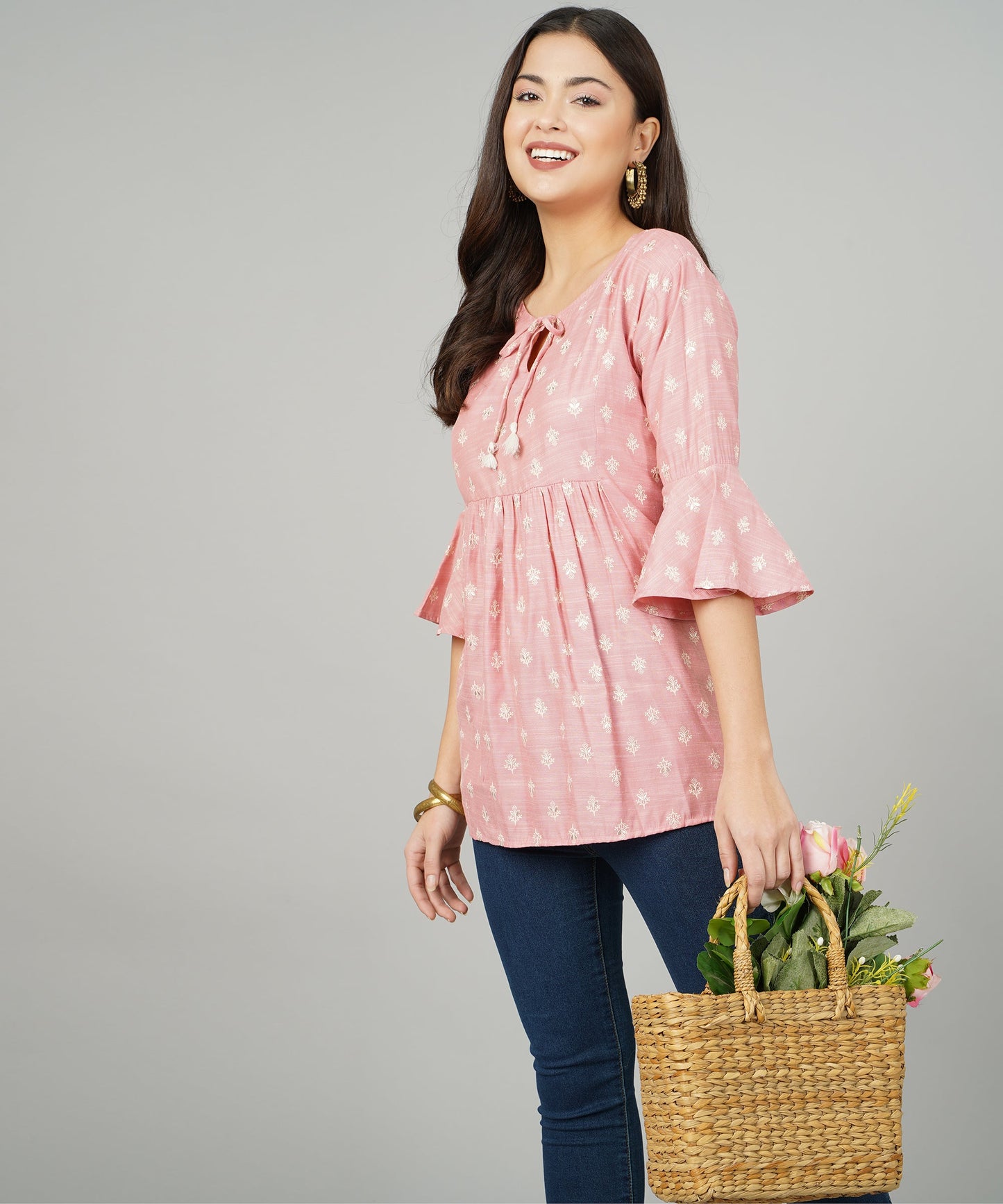 Foil Printed Pleated Cotton Kurti/Top for Girls/Women,Pink