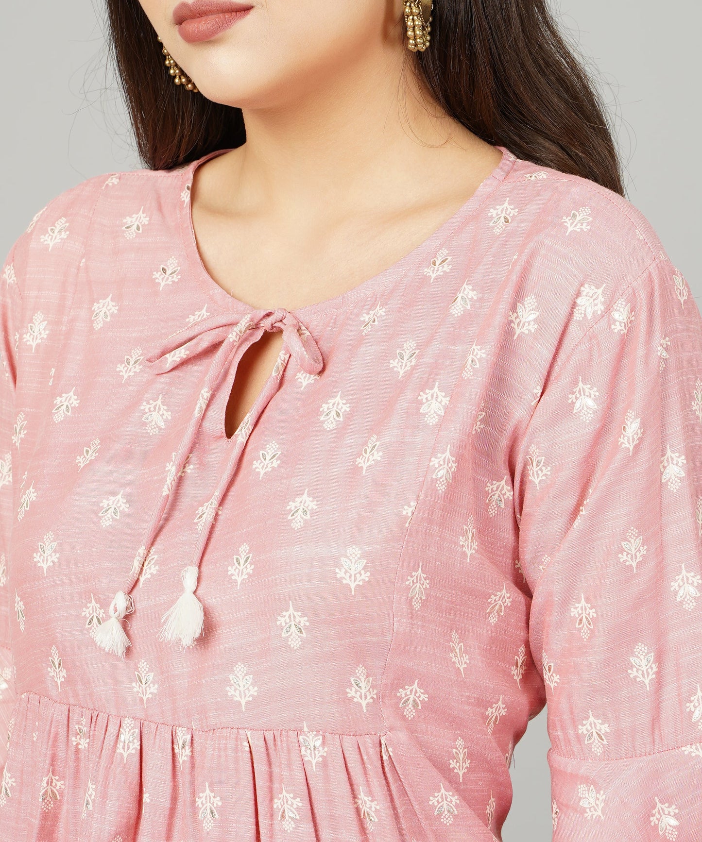 Foil Printed Pleated Cotton Kurti/Top for Girls/Women,Pink