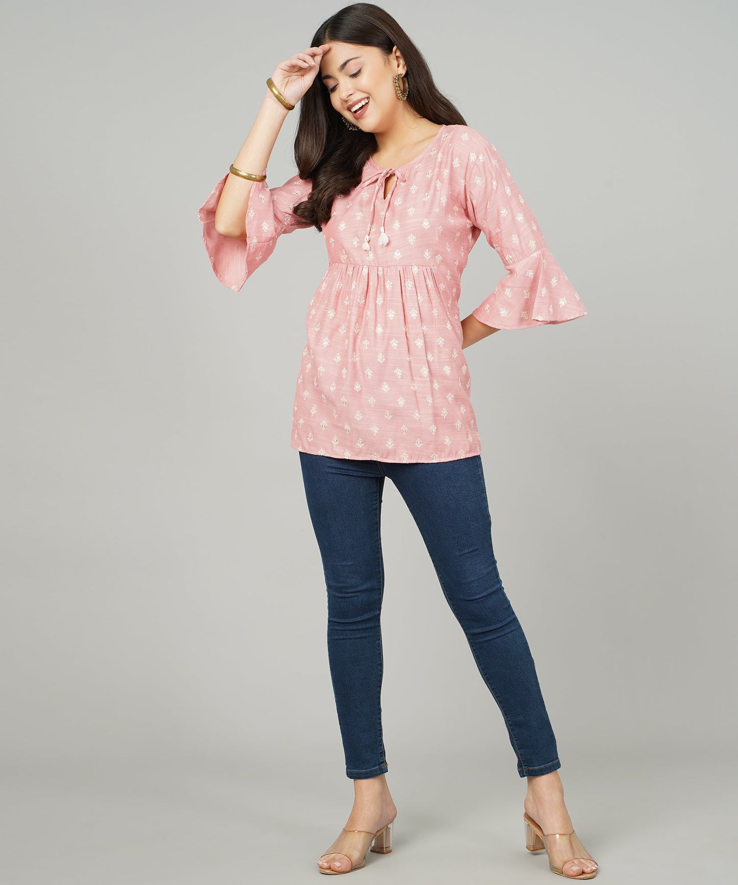 Foil Printed Pleated Cotton Kurti/Top for Girls/Women,Pink