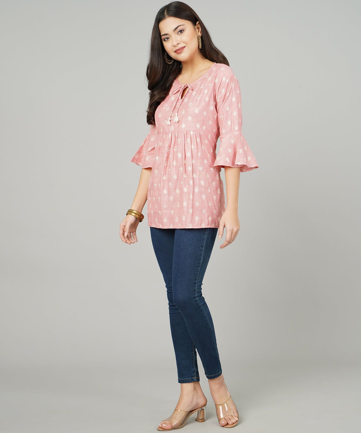 Foil Printed Pleated Cotton Kurti/Top for Girls/Women,Pink