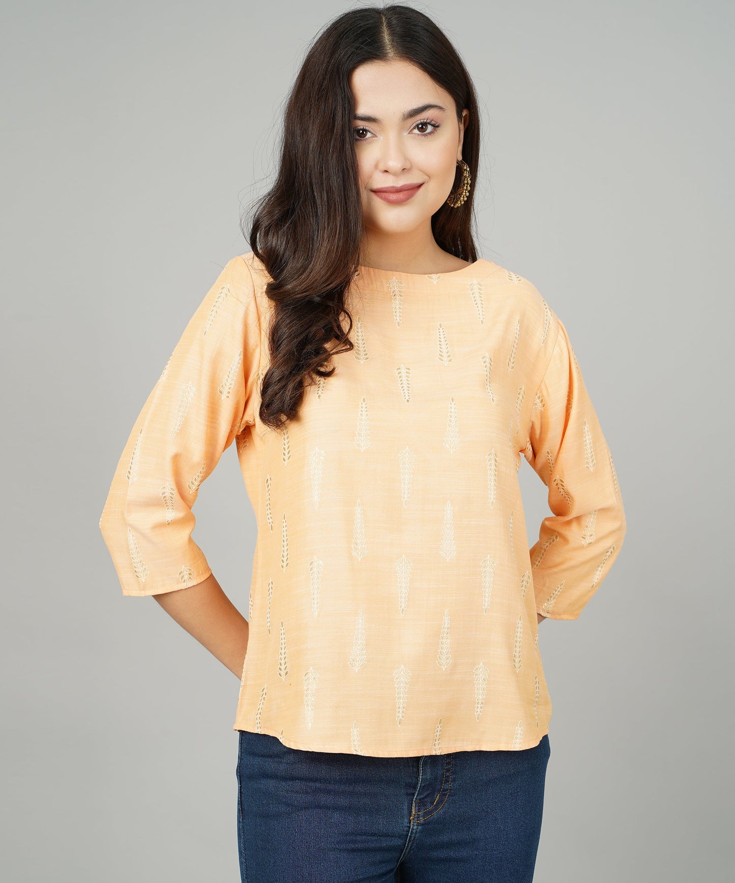 Anushil Foil Printed Orange Cotton Kurti/Top for Women/Girls - Stylish and Comfortable