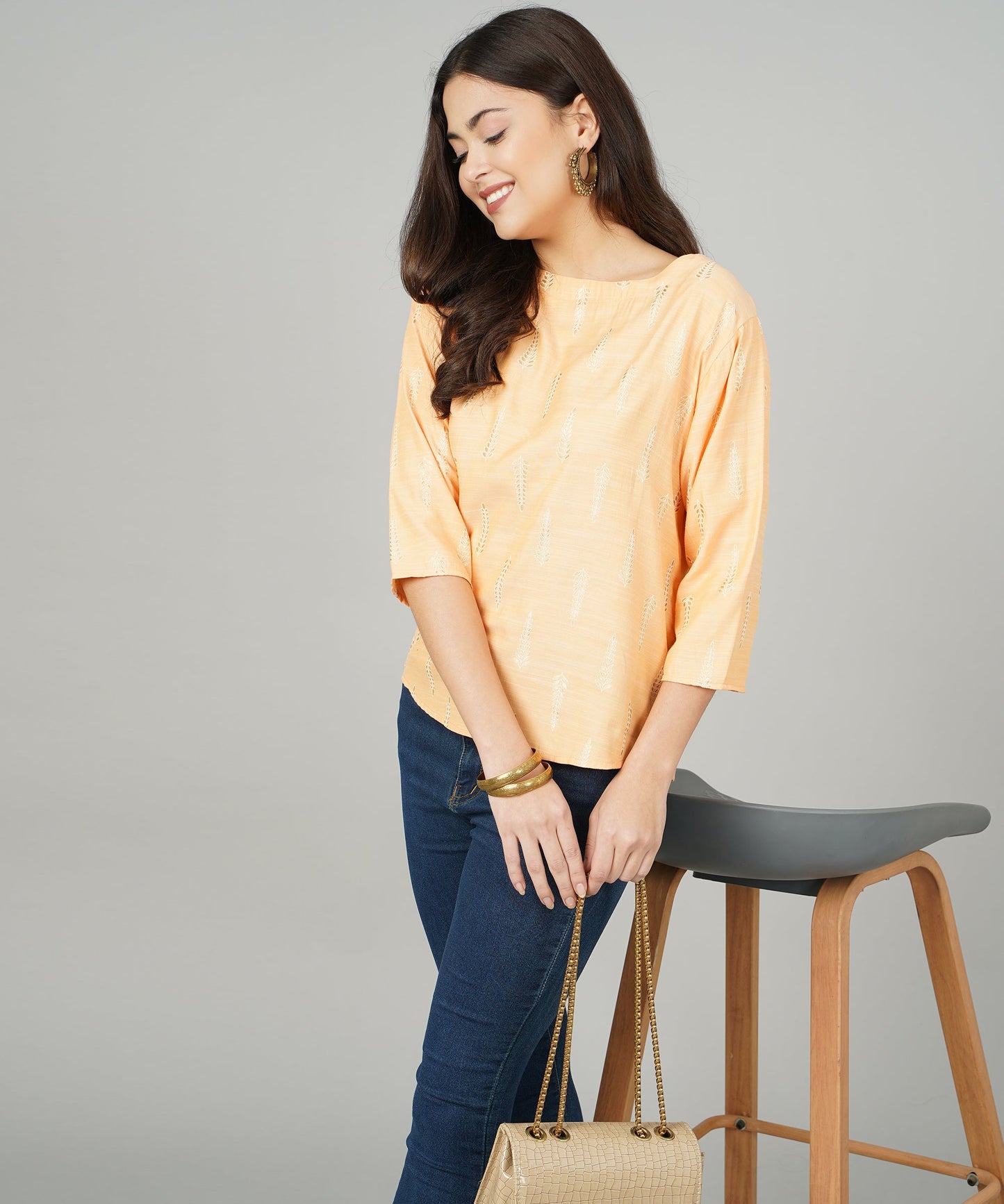 Anushil Foil Printed Orange Cotton Kurti/Top for Women/Girls - Stylish and Comfortable