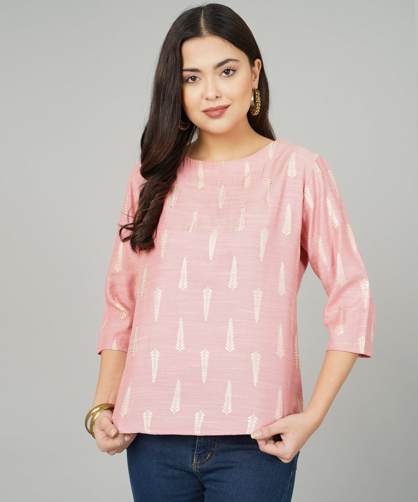 "Anushil Foil Printed Pink Cotton Kurti/Top for Women/Girls - Stylish and Comfortable