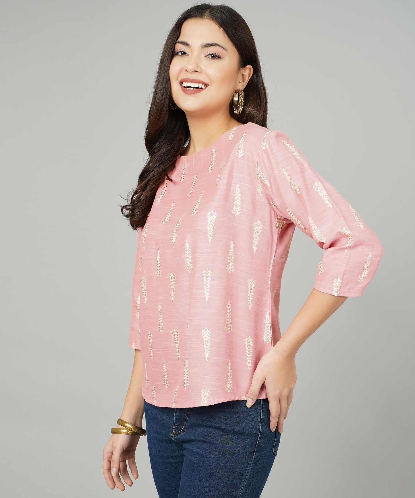 "Anushil Foil Printed Pink Cotton Kurti/Top for Women/Girls - Stylish and Comfortable