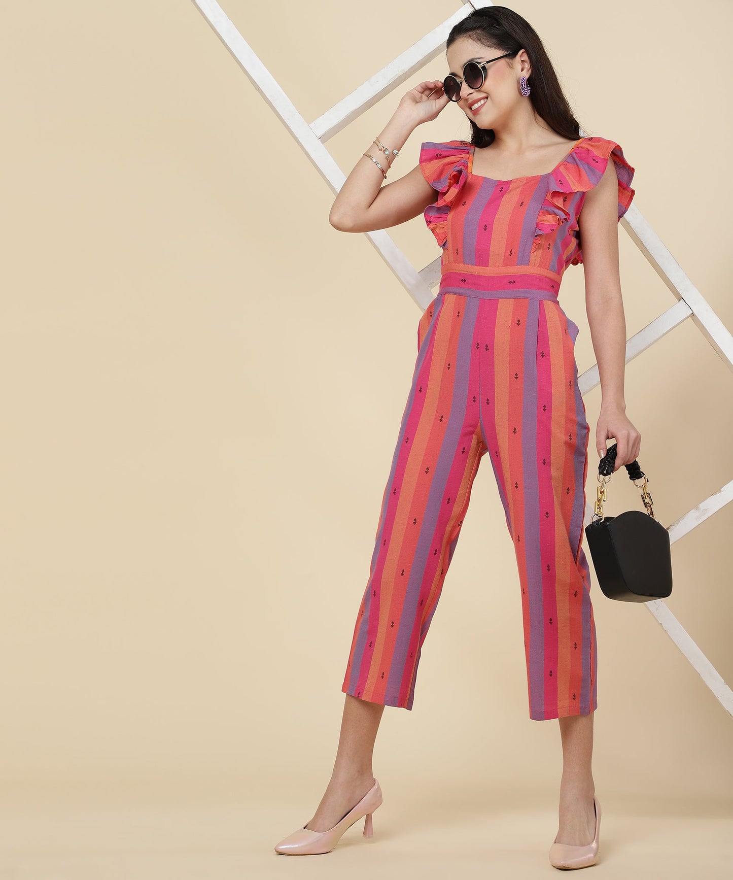 ANUSHIL Multicoloured Striped Jumpsuit for Women - Ruffle Sleeves, Ankle Length Jumsuit for Girls - Woven Cotton Fabric With Square Neck Style(Pink)