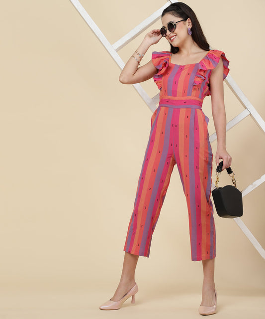 ANUSHIL Multicoloured Striped Jumpsuit for Women - Ruffle Sleeves, Ankle Length Jumsuit for Girls - Woven Cotton Fabric With Square Neck Style(Pink)